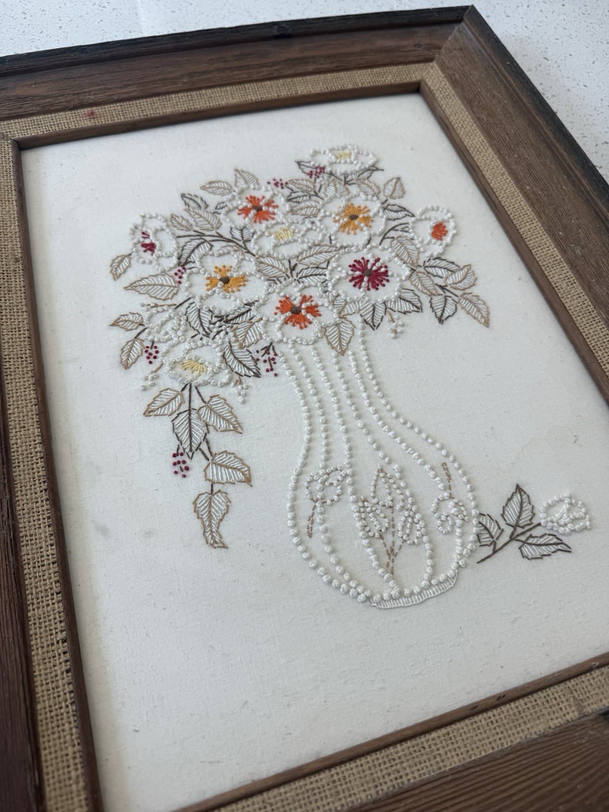 Vintage Framed Candlewick Floral Embroidery - Thumbnail 3