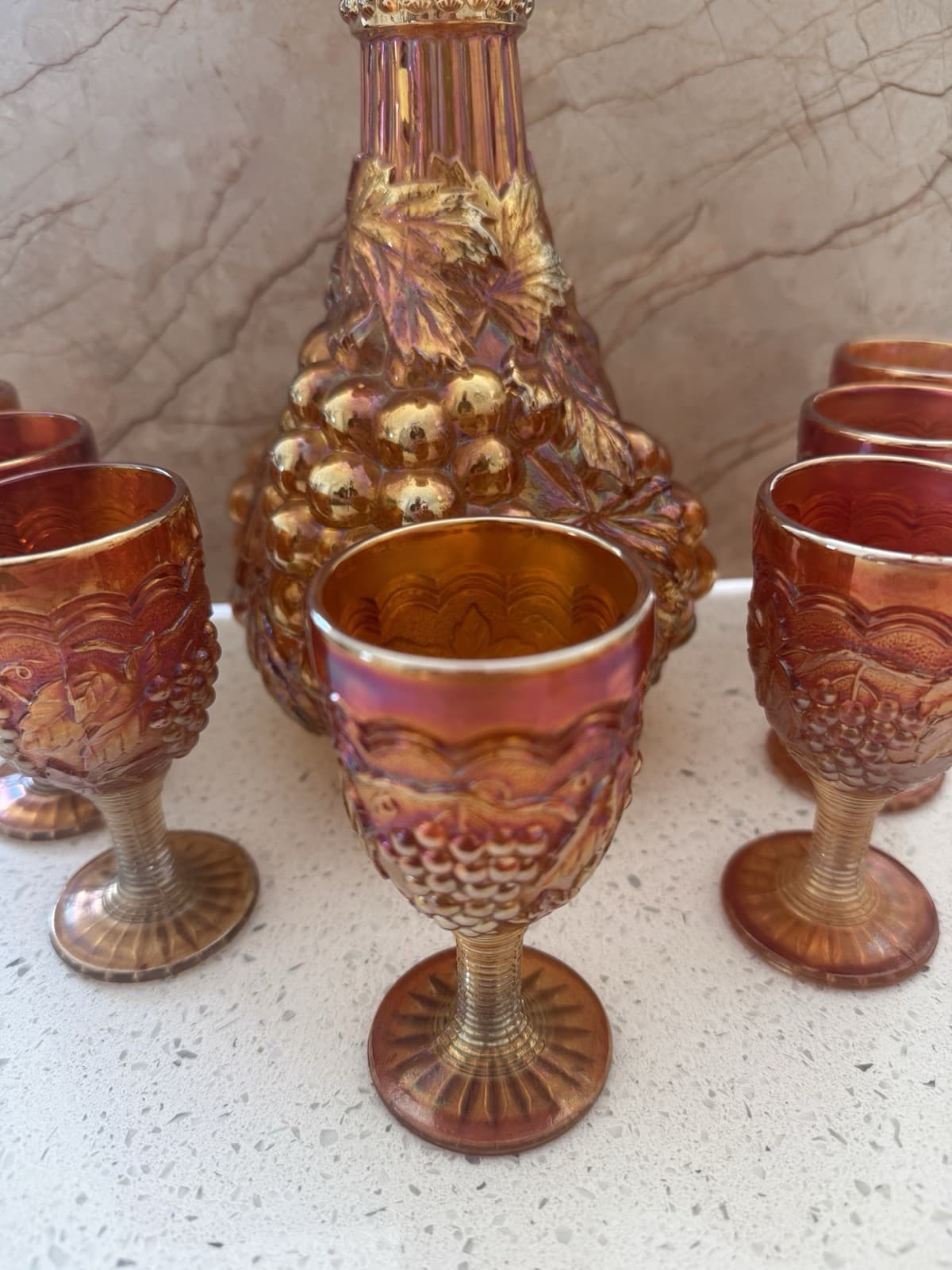 Vintage Marigold Carnival Glass Grape Pattern Decanter and Seven Goblets - Thumbnail 2