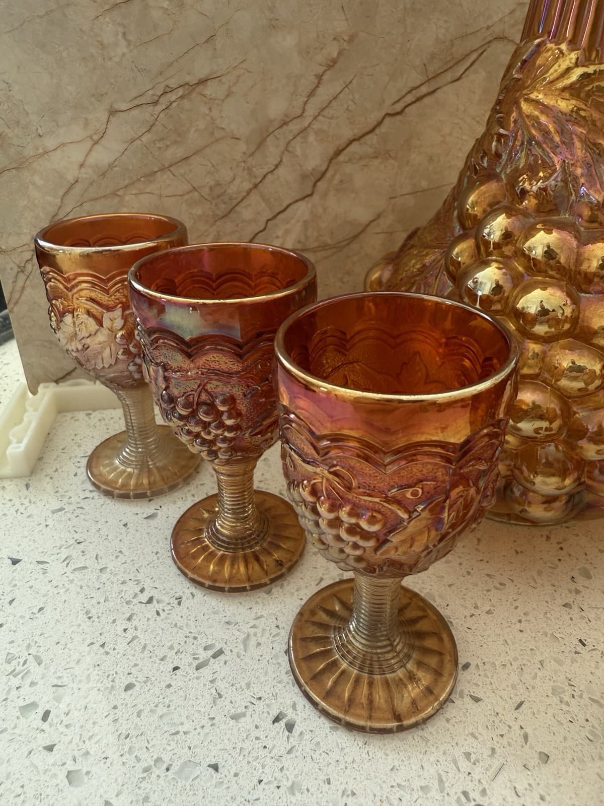 Vintage Marigold Carnival Glass Grape Pattern Decanter and Seven Goblets - Thumbnail 4