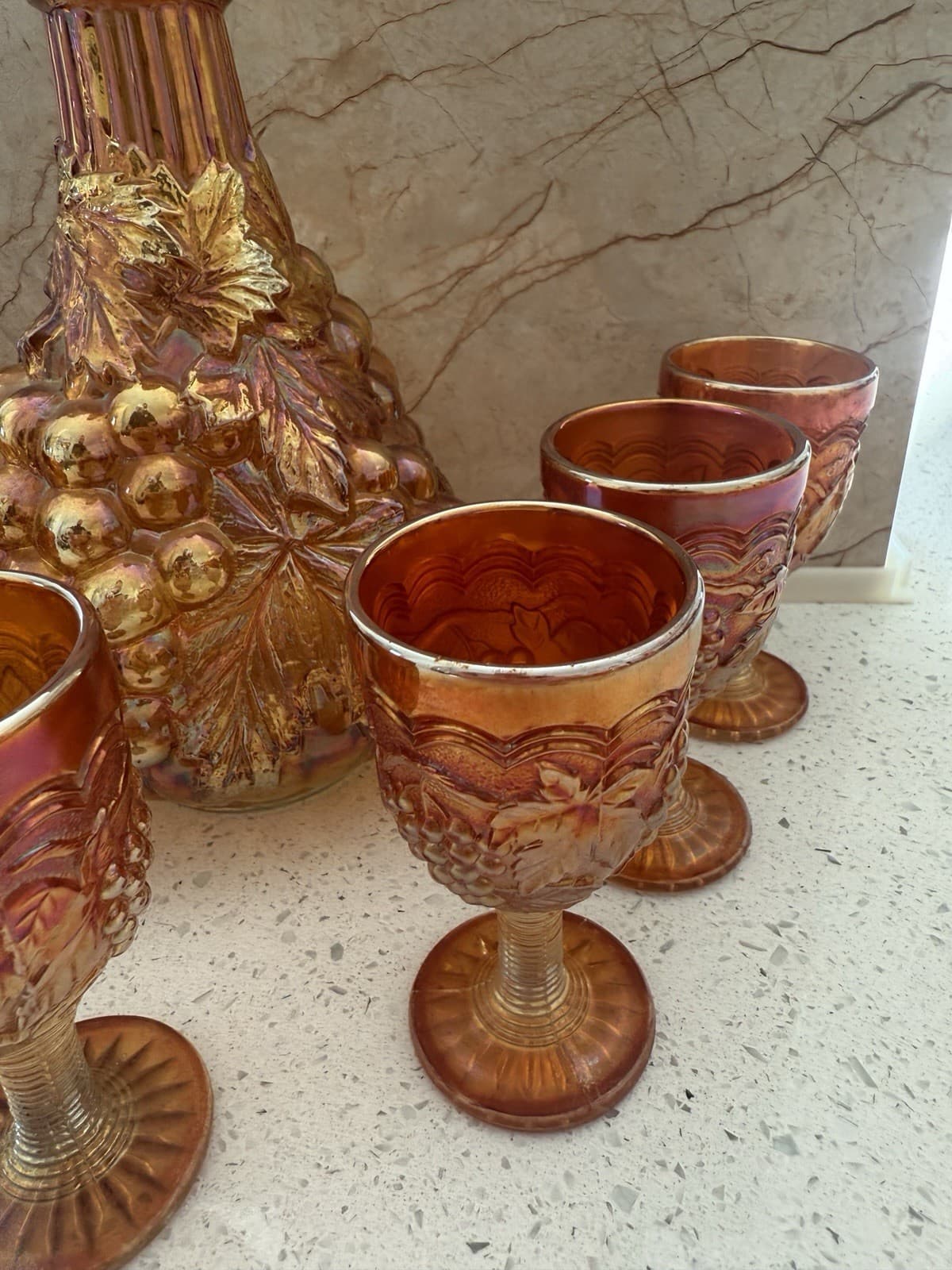 Vintage Marigold Carnival Glass Grape Pattern Decanter and Seven Goblets - Thumbnail 5