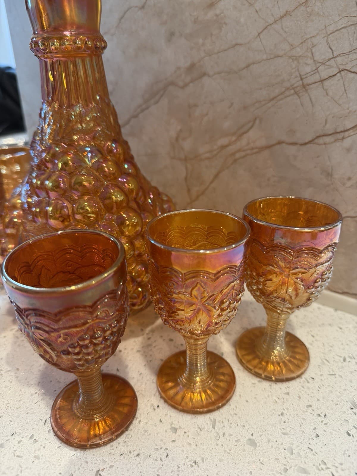 Vintage Marigold Grape Pattern Carnival Glass Decanter Set - Thumbnail 3