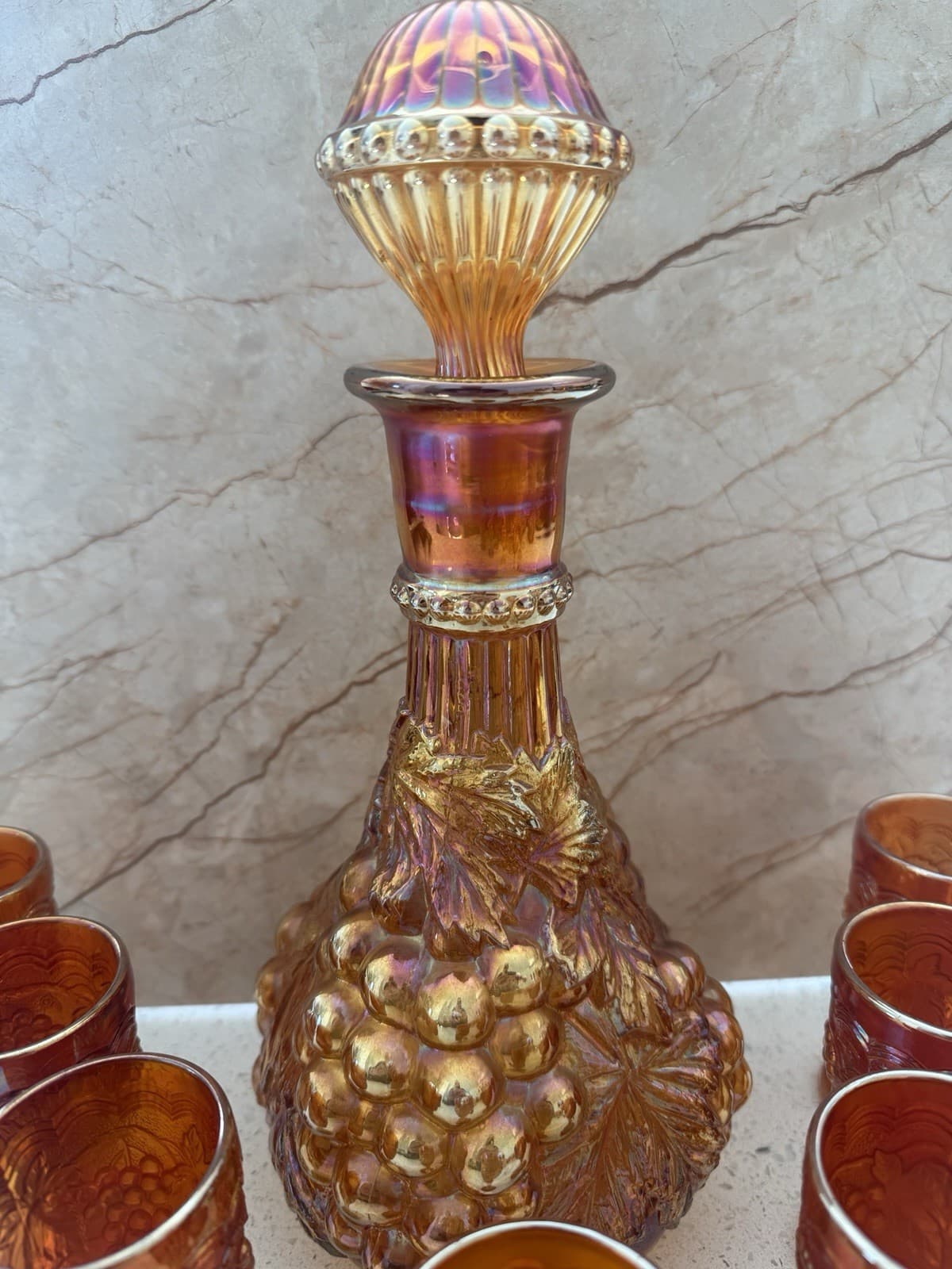 Vintage Marigold Carnival Glass Grape Pattern Decanter and Seven Goblets - Thumbnail 3
