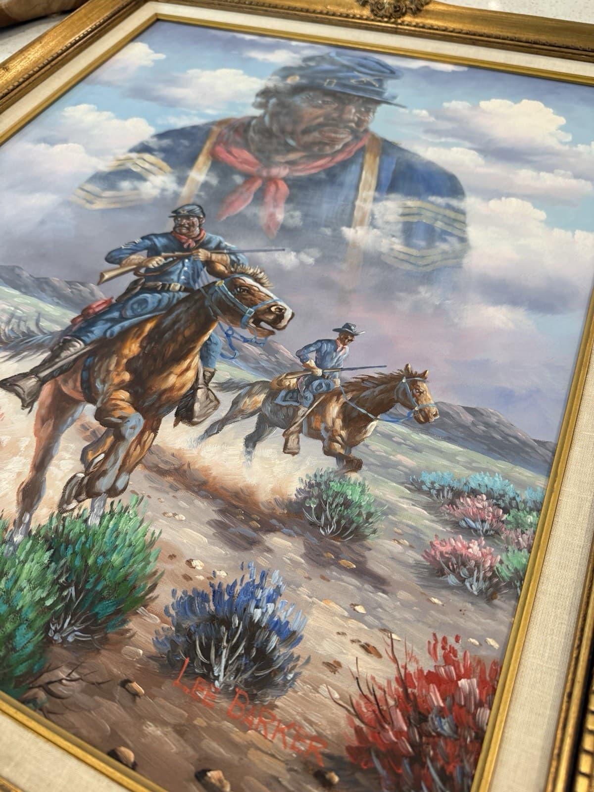 Lee Barker Buffalo Soldier Original Oil Painting Signed, Estate Find - Thumbnail 3