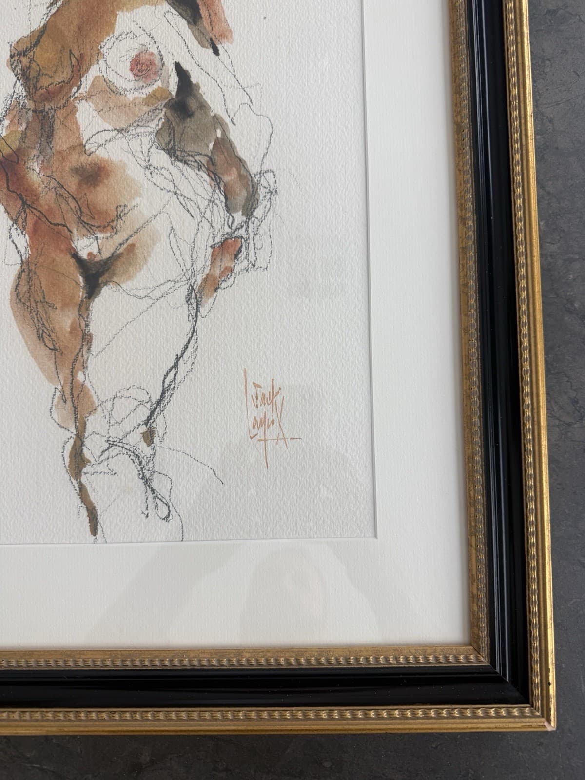 Vintage Framed Watercolor and Charcoal Nude Figure Study by Jack Laycox - Thumbnail 5