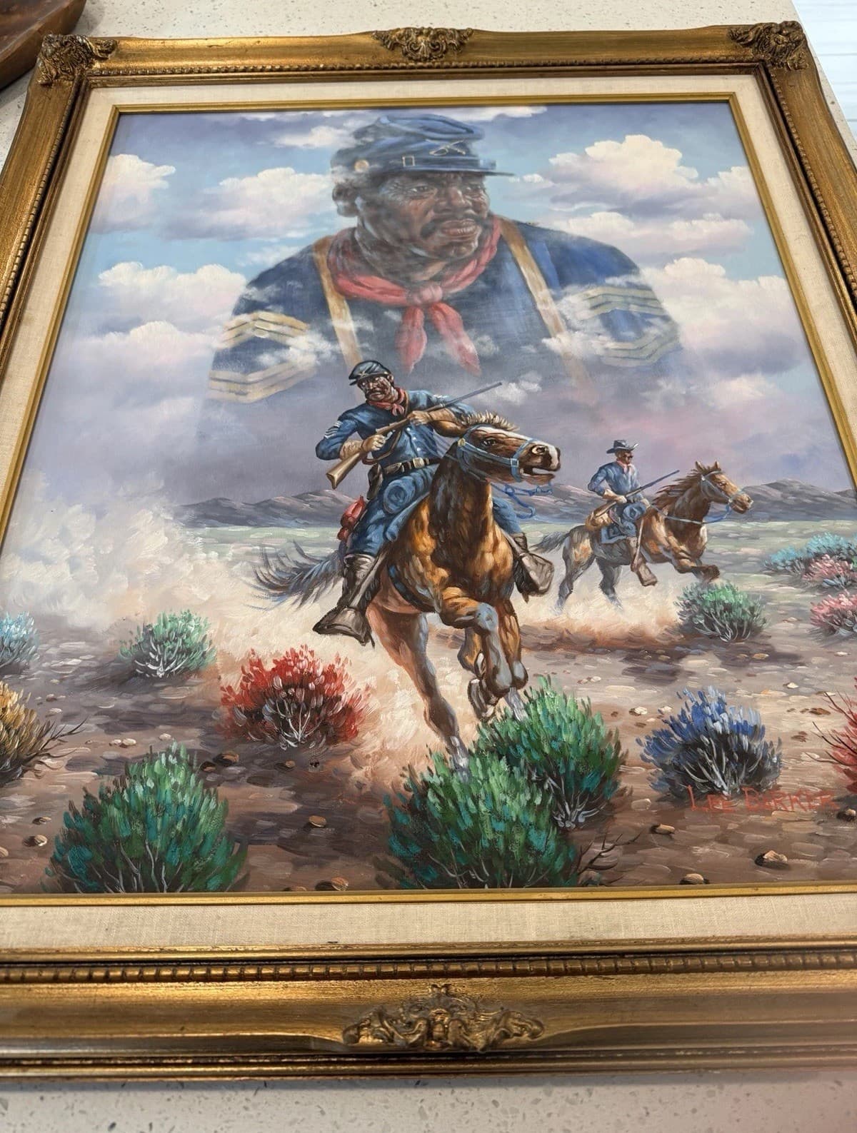 Lee Barker Buffalo Soldier Original Oil Painting Signed, Estate Find - Thumbnail 2