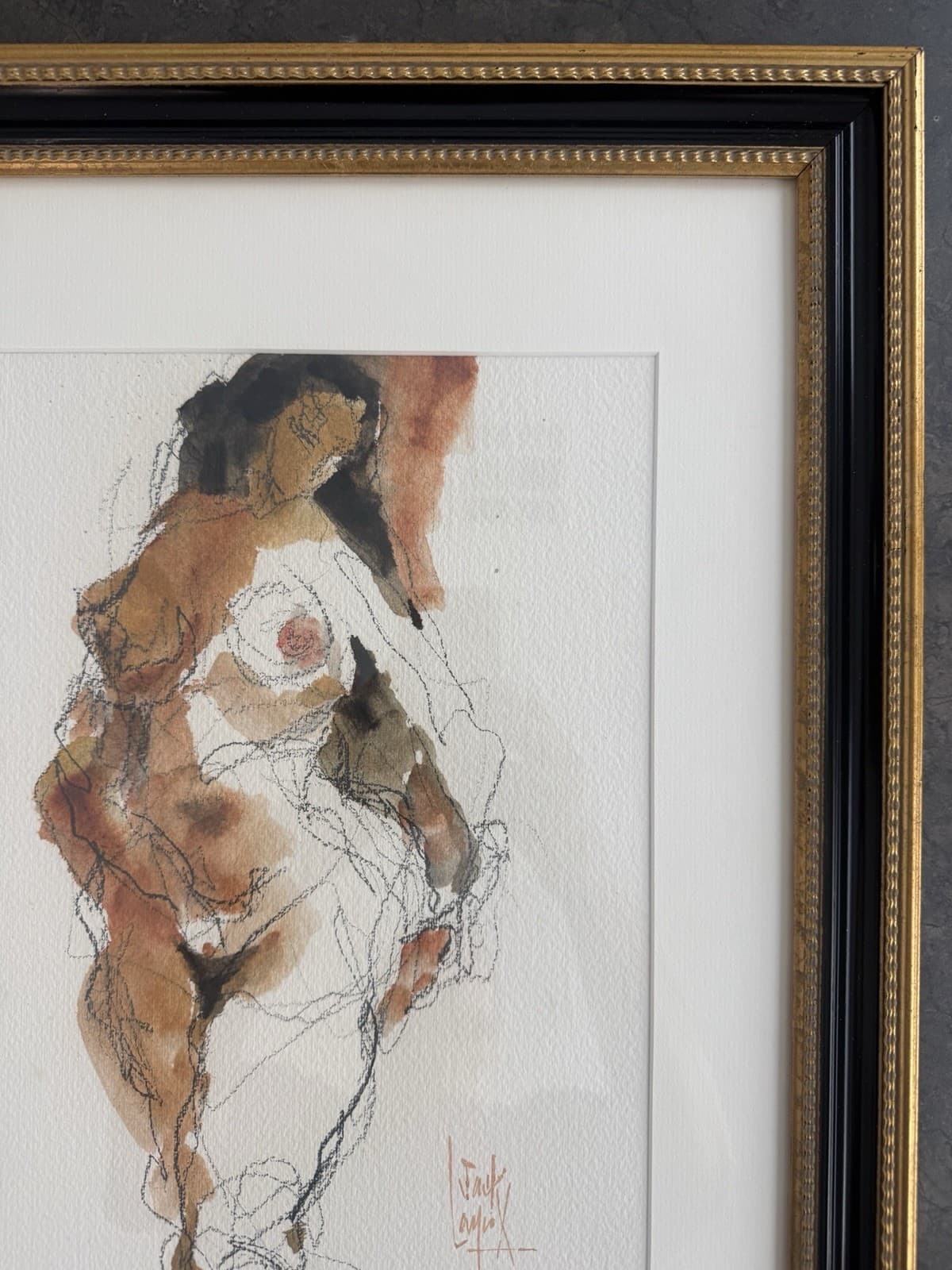 Vintage Framed Watercolor and Charcoal Nude Figure Study by Jack Laycox - Thumbnail 4