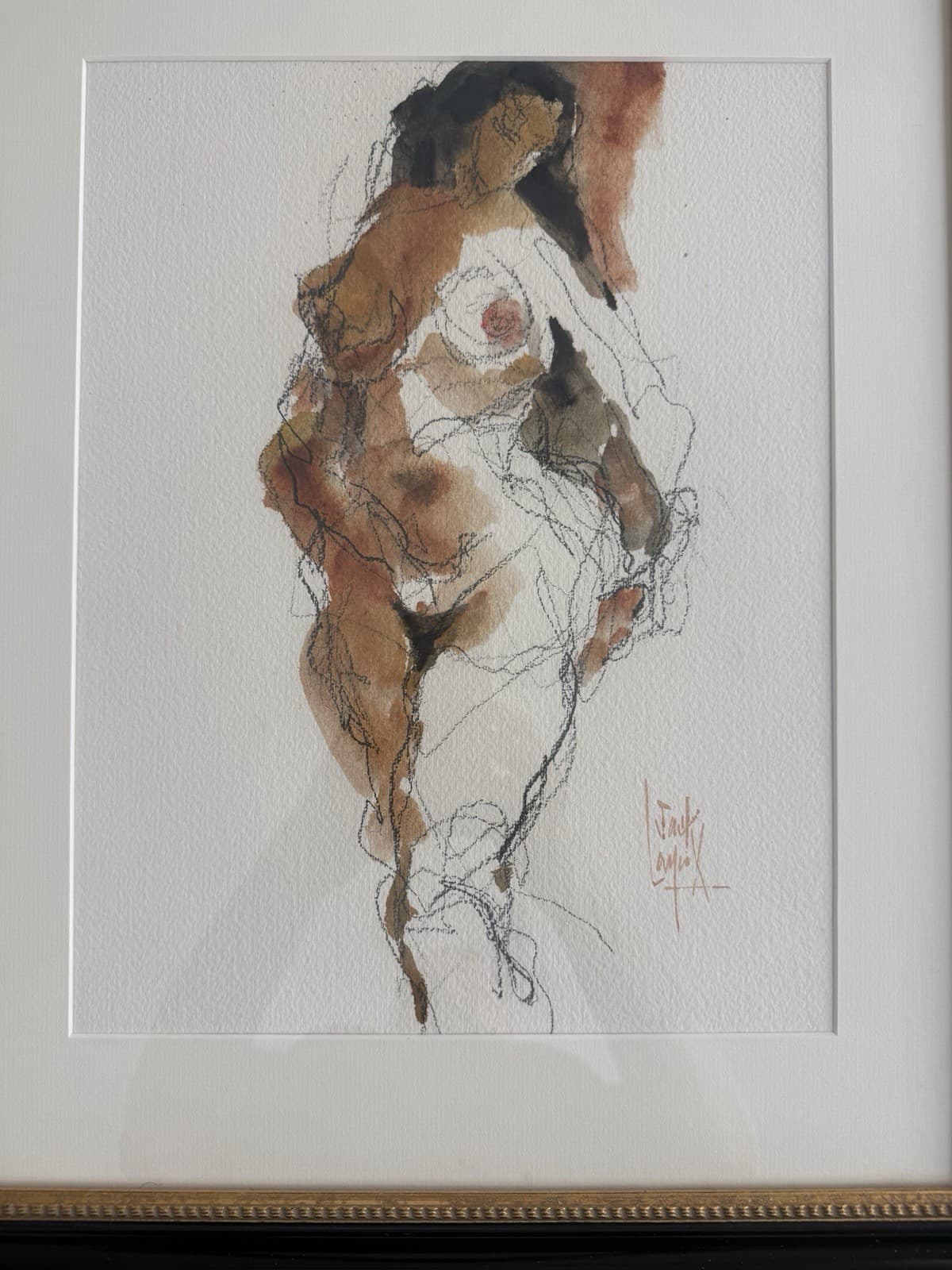 Vintage Framed Watercolor and Charcoal Nude Figure Study by Jack Laycox - Thumbnail 2