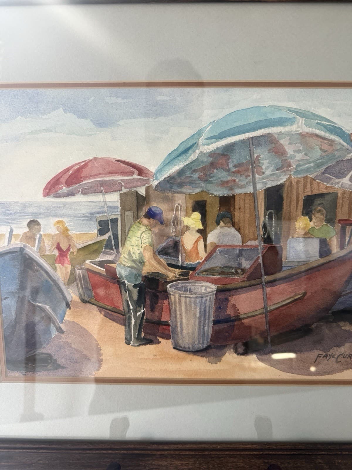 Vintage Beach Scene Watercolor Painting by Faye Curtis - Thumbnail 3