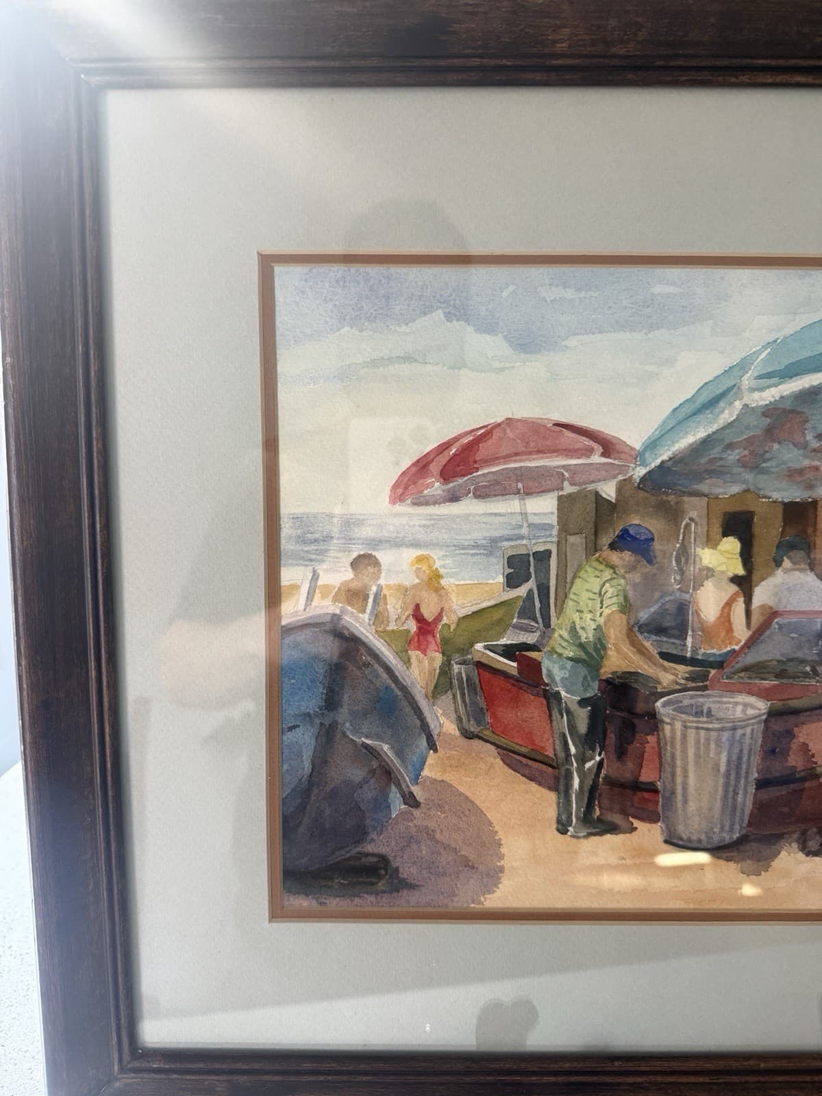 Vintage Beach Scene Watercolor Painting by Faye Curtis - Thumbnail 2