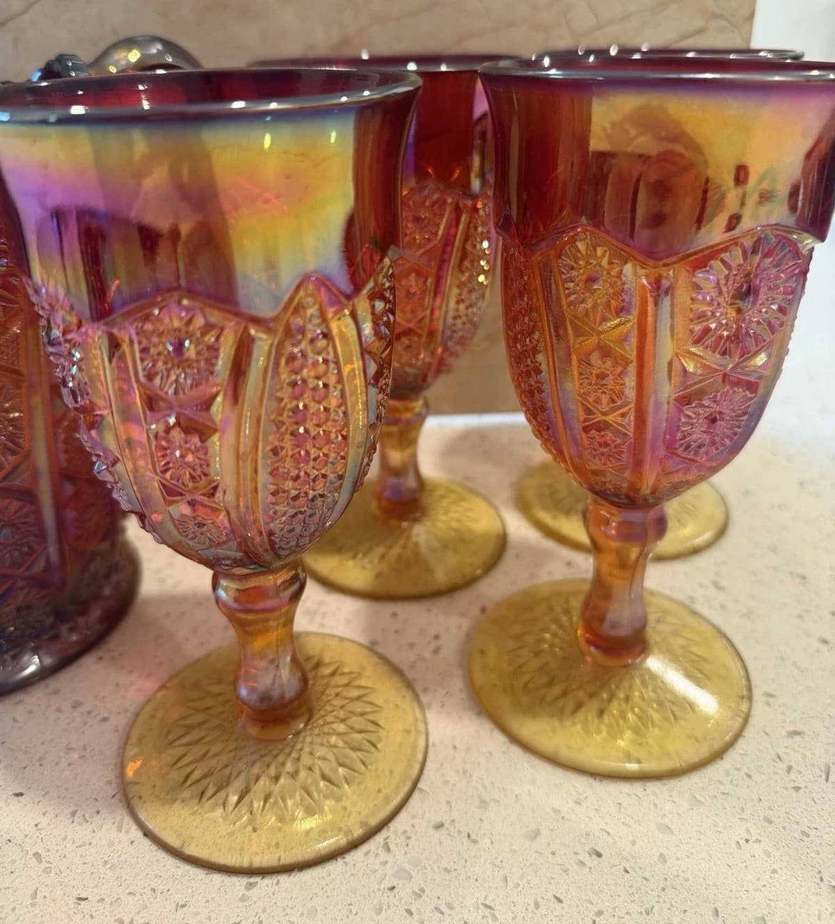 Indiana Glass Company Ruby Red Carnival Glass Pitcher and Four Goblets - Thumbnail 4