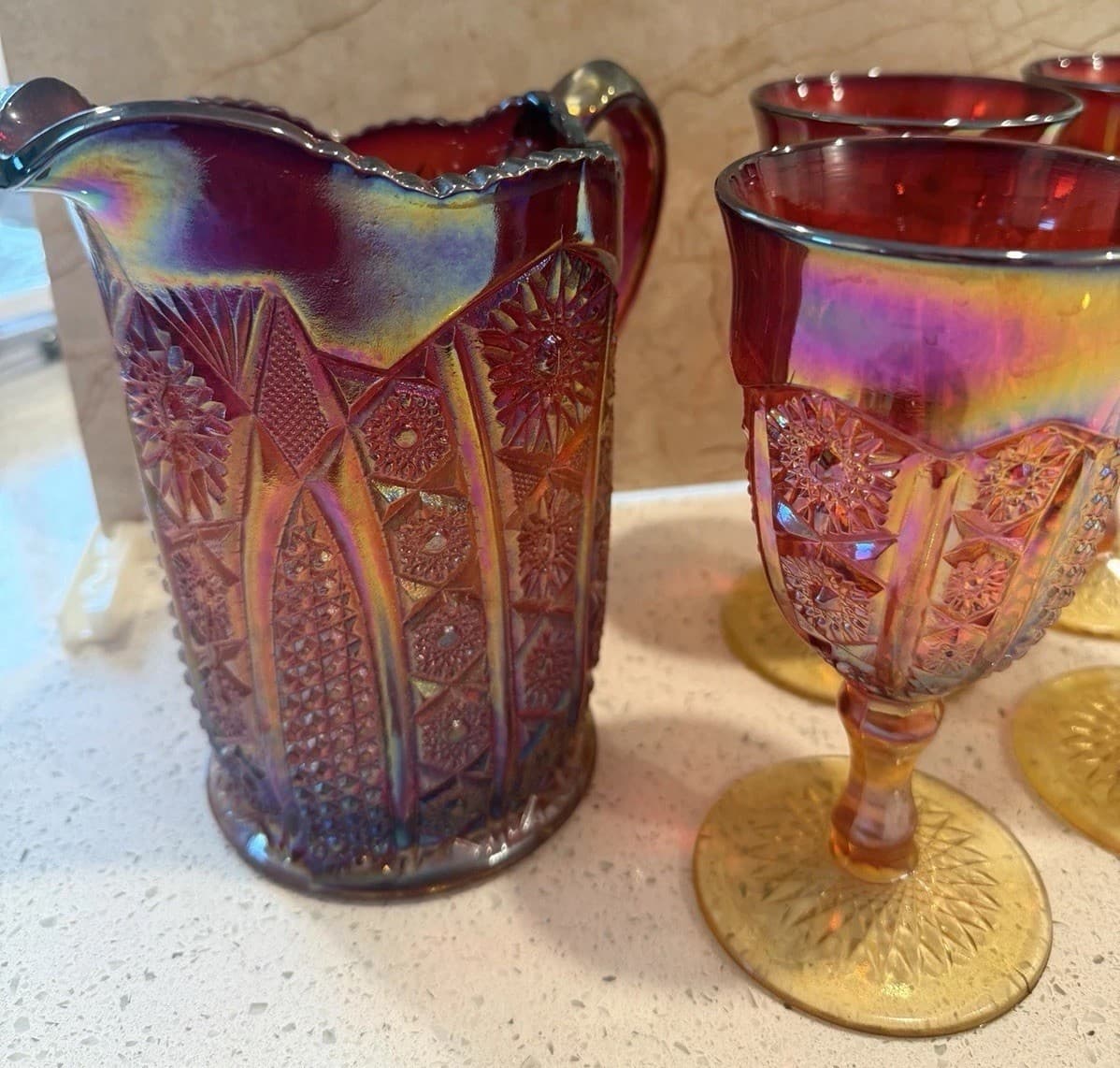 Indiana Glass Company Ruby Red Carnival Glass Pitcher and Four Goblets - Thumbnail 3