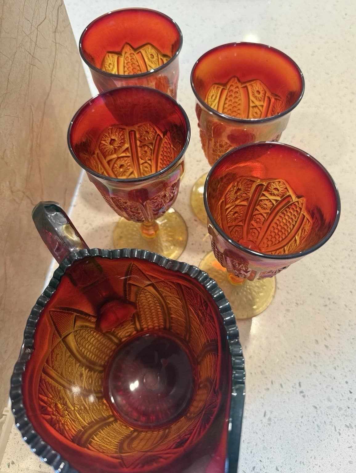 Indiana Glass Company Ruby Red Carnival Glass Pitcher and Four Goblets - Thumbnail 5