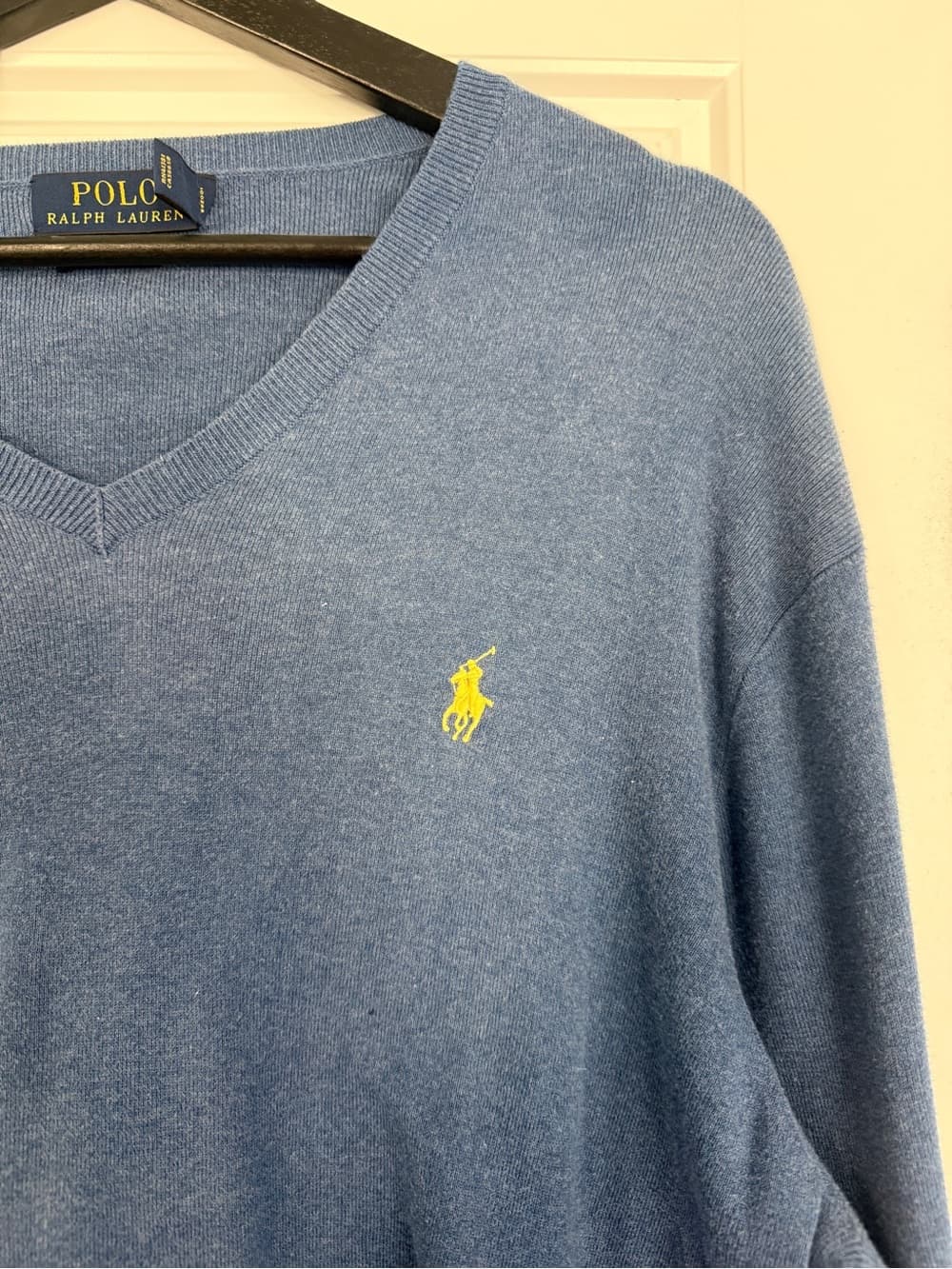 Polo by Ralph Lauren Light Blue Pima Cotton V-Neck Sweater with Yellow Pony - Thumbnail 4