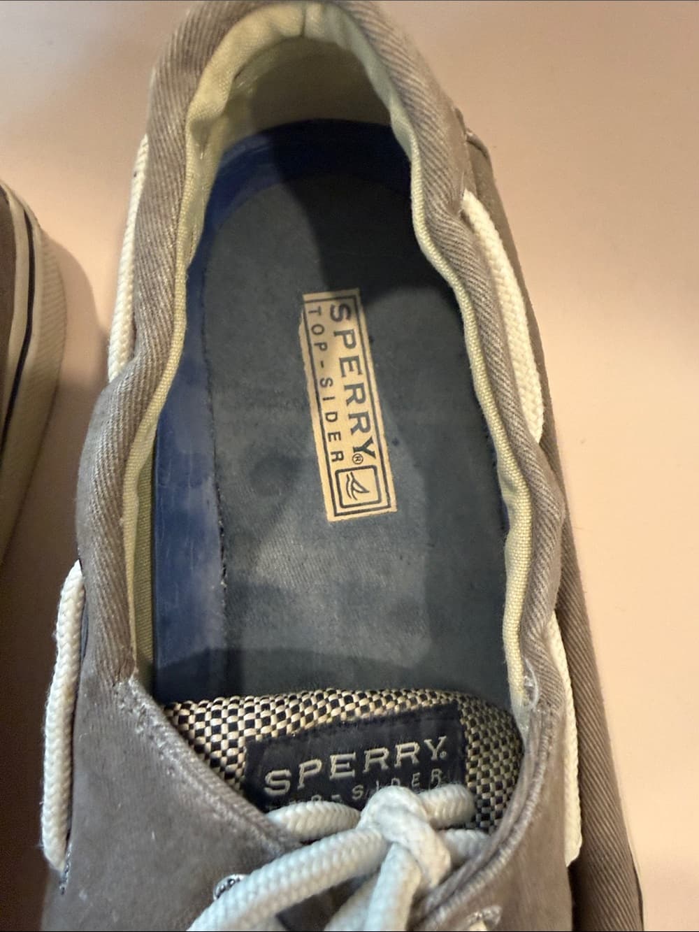 Sperry Taupe Canvas Boat Shoes with White Laces Size 12 - Thumbnail 6