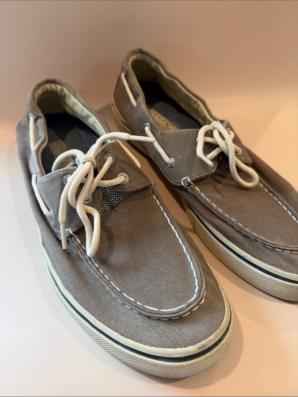 Sperry Taupe Canvas Boat Shoes with White Laces Size 12 - Thumbnail 2