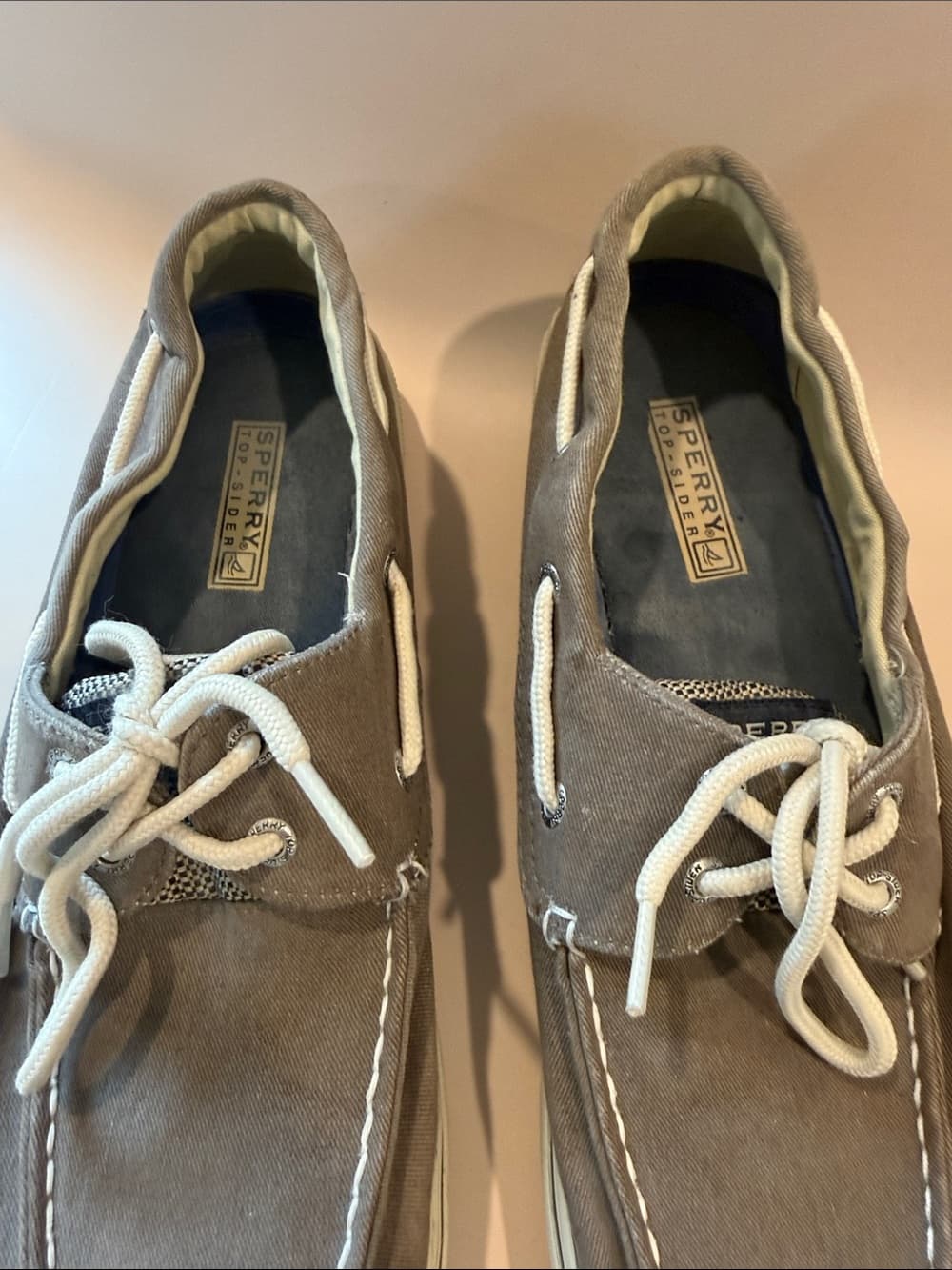 Sperry Taupe Canvas Boat Shoes with White Laces Size 12 - Thumbnail 3