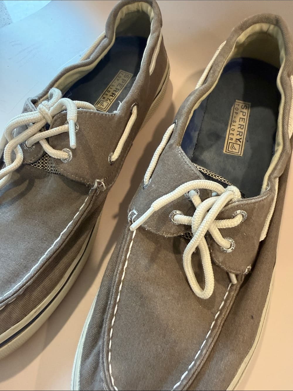 Sperry Taupe Canvas Boat Shoes with White Laces Size 12 - Thumbnail 5