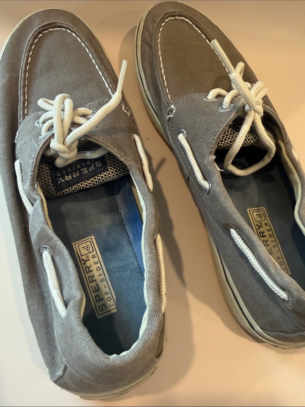 Sperry Taupe Canvas Boat Shoes with White Laces Size 12 - Thumbnail 8