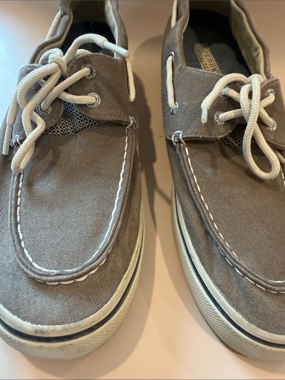 Sperry Taupe Canvas Boat Shoes with White Laces Size 12 - Thumbnail 4