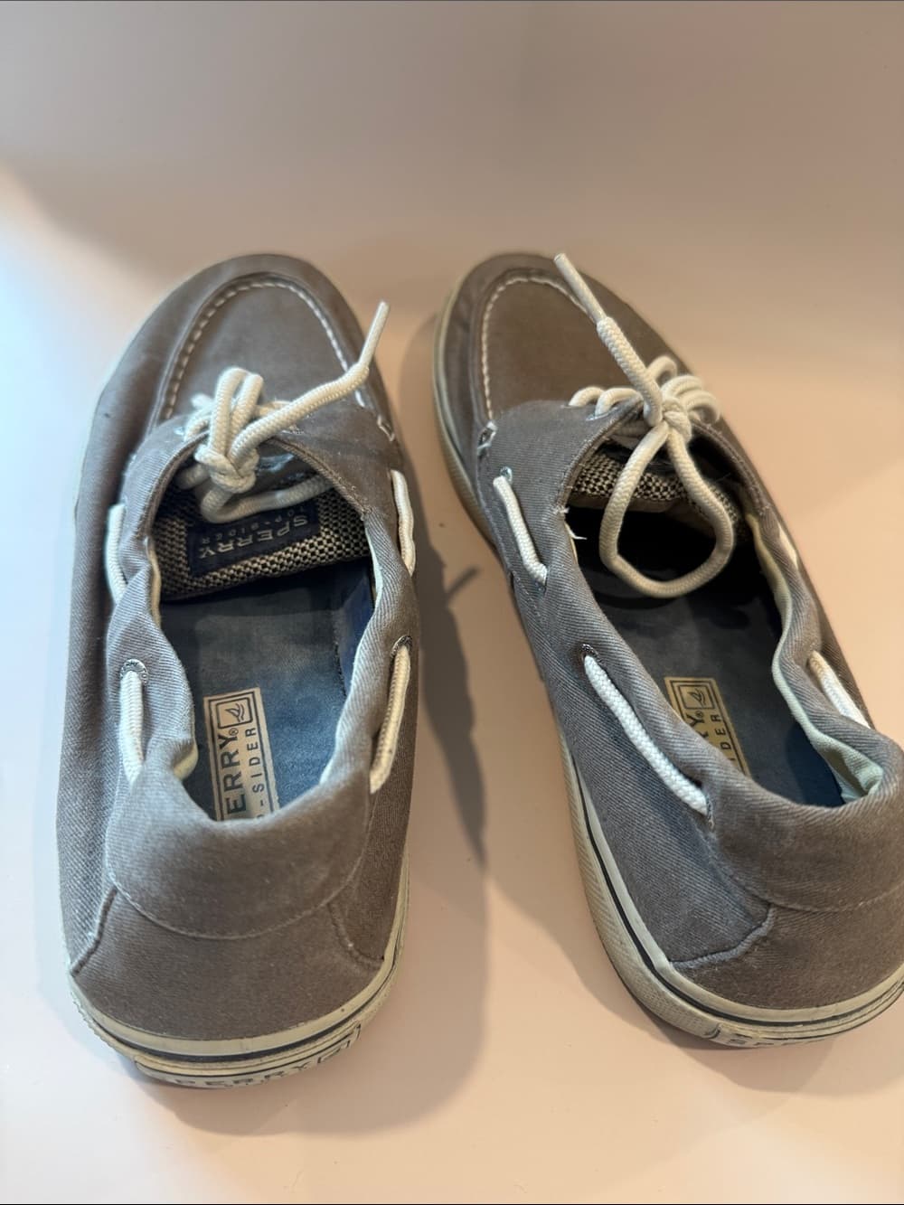 Sperry Taupe Canvas Boat Shoes with White Laces Size 12 - Thumbnail 7