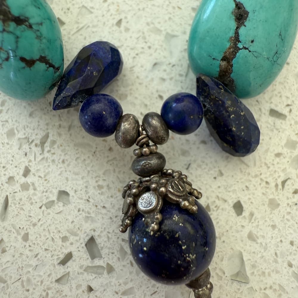 Turquoise and Lapis Necklace with Sterling Silver Clasp - Thumbnail 2