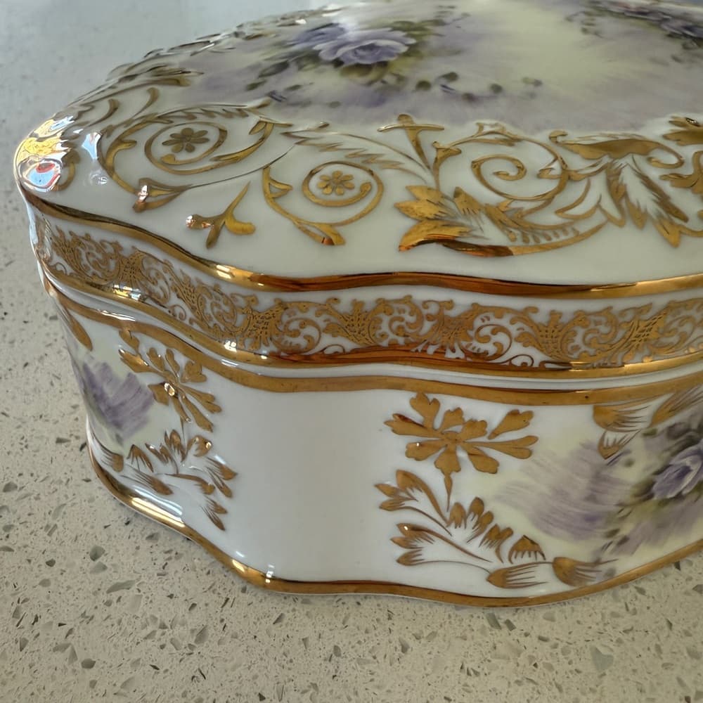 Porcelain Jewelry Box with Purple Roses and Gold Trim - Thumbnail 2