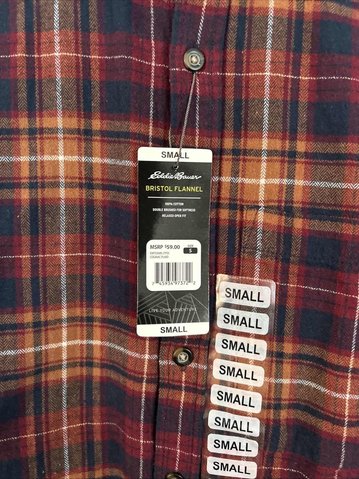 Eddie Bauer Men's Long Sleeve Button Up Bristol Flannel NWT Cognac Plaid Small - Thumbnail 2