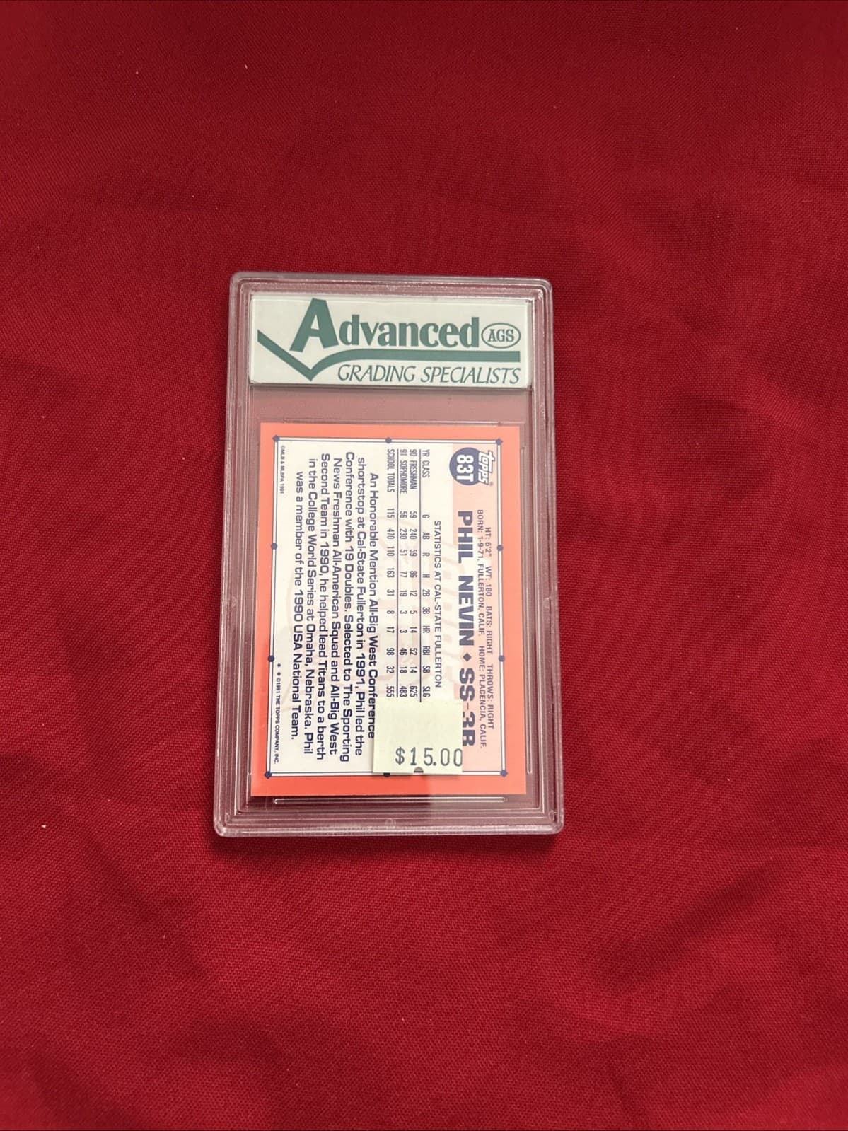 1991 Topps 83t Phil Nevin Team USA Baseball Card AGS 10 Gem Mint - Thumbnail 2