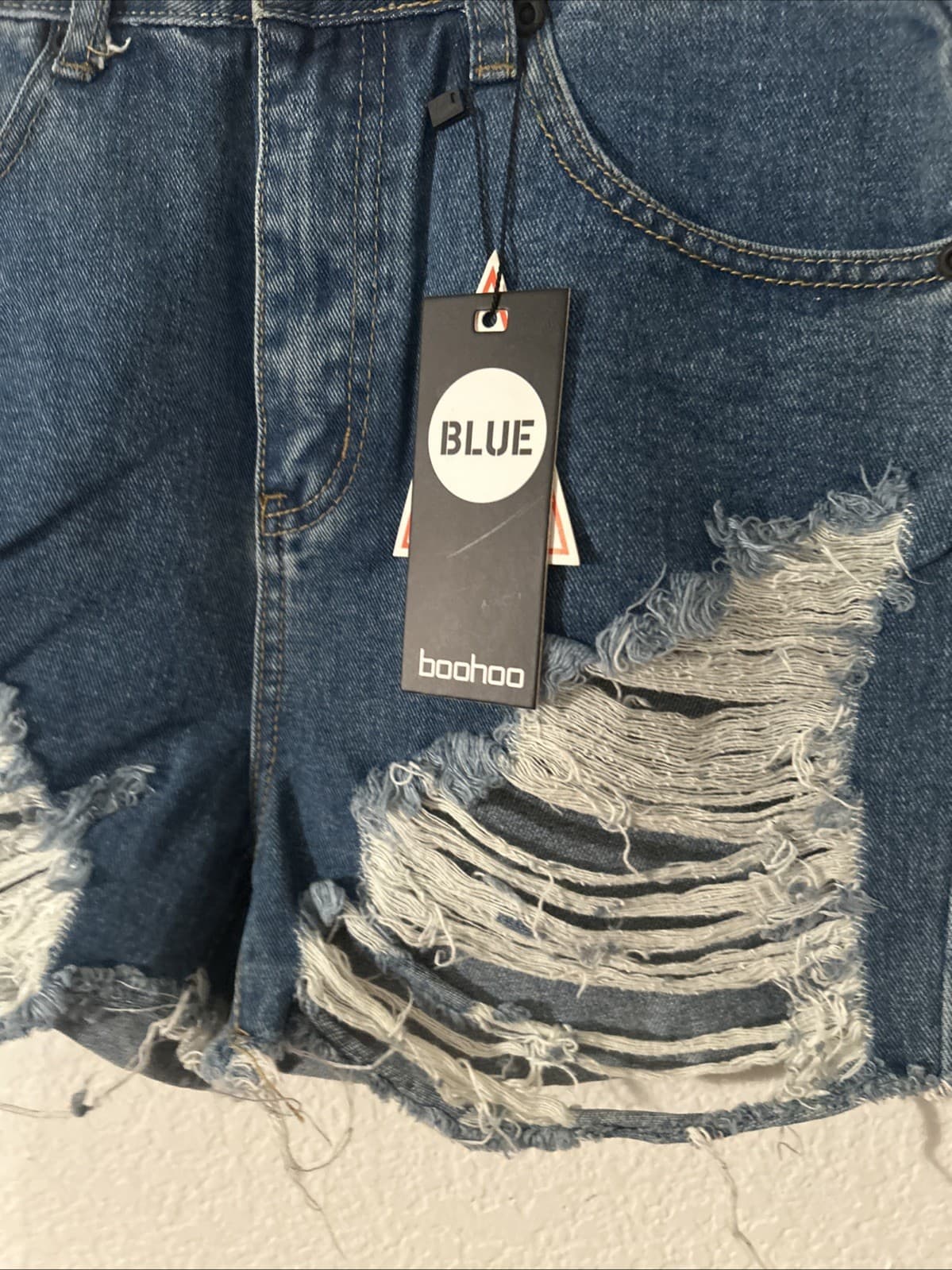 Boohoo Blue Shorts Womens Size 4 Cut Off Denim Destroyed Ripped High Waisted - Thumbnail 2