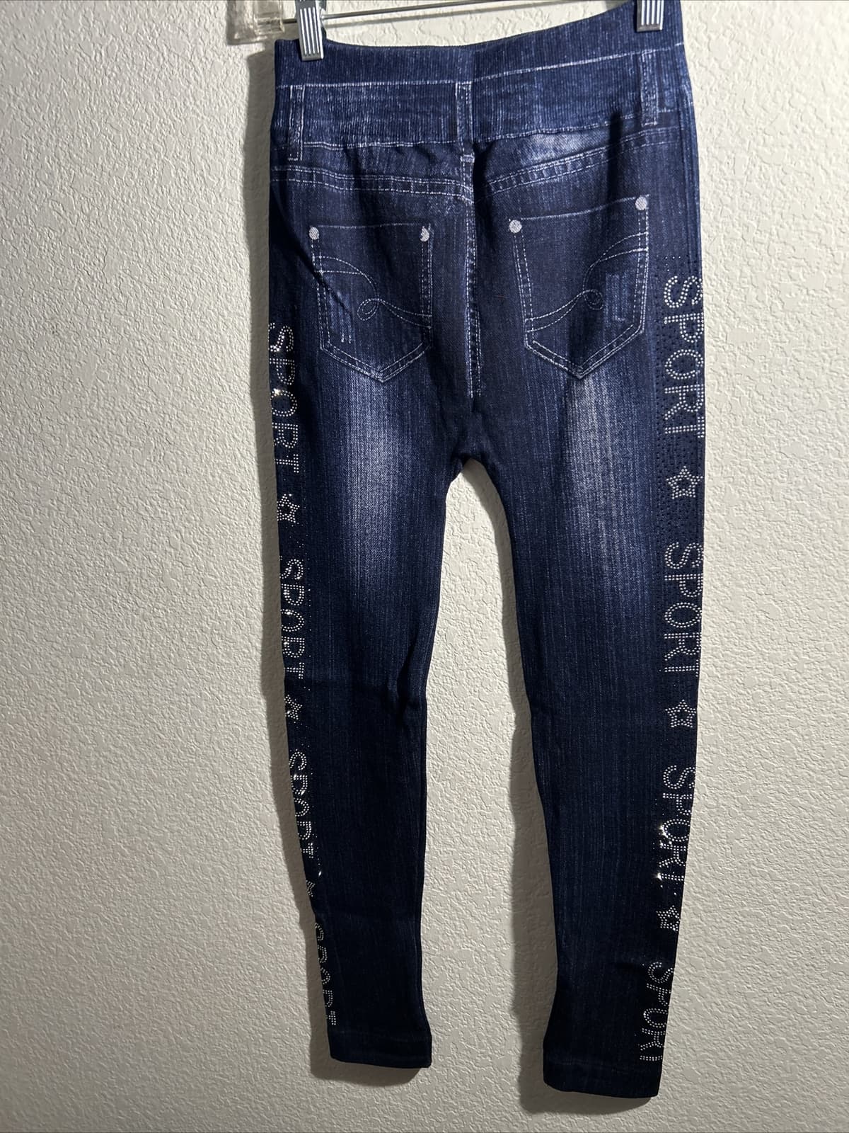 Women’s Style One Regular One Size Leggings Navy Blue Sport Rhinestones On Legs - Thumbnail 2