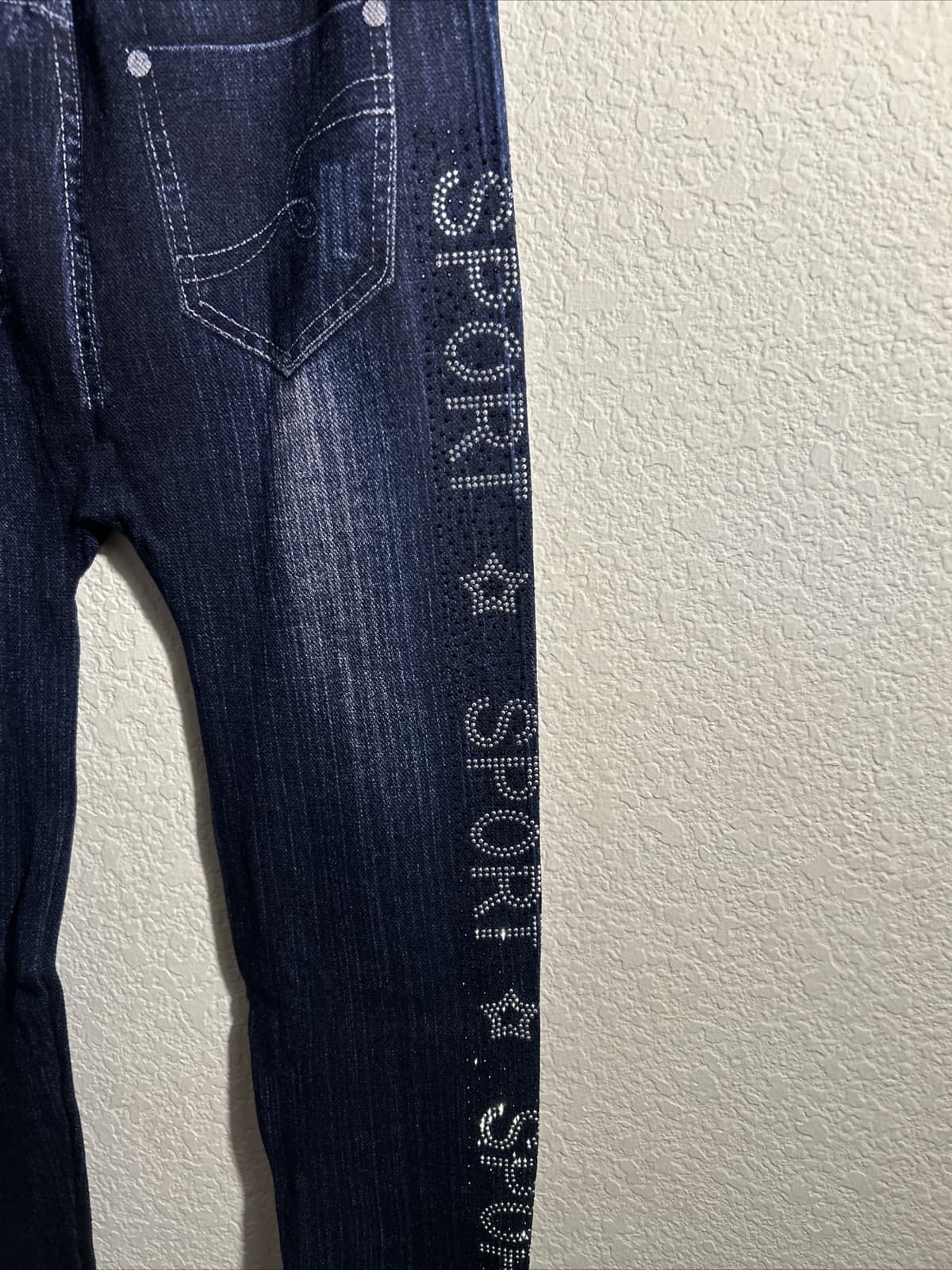 Women’s Style One Regular One Size Leggings Navy Blue Sport Rhinestones On Legs - Thumbnail 3