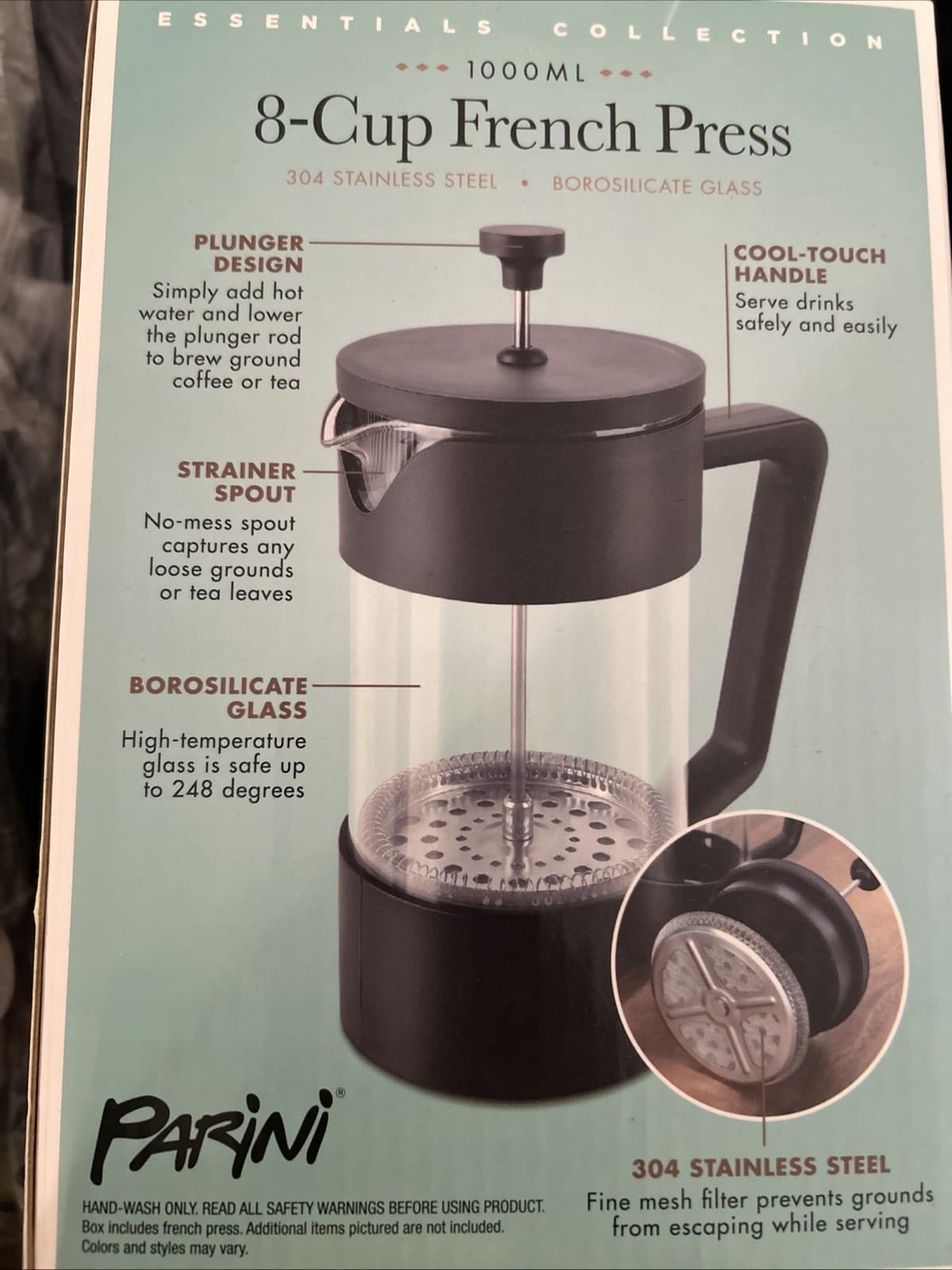 Parini Essential Collection 8-Cup French Press Coffee Tea Maker Stainless Steel - Thumbnail 3