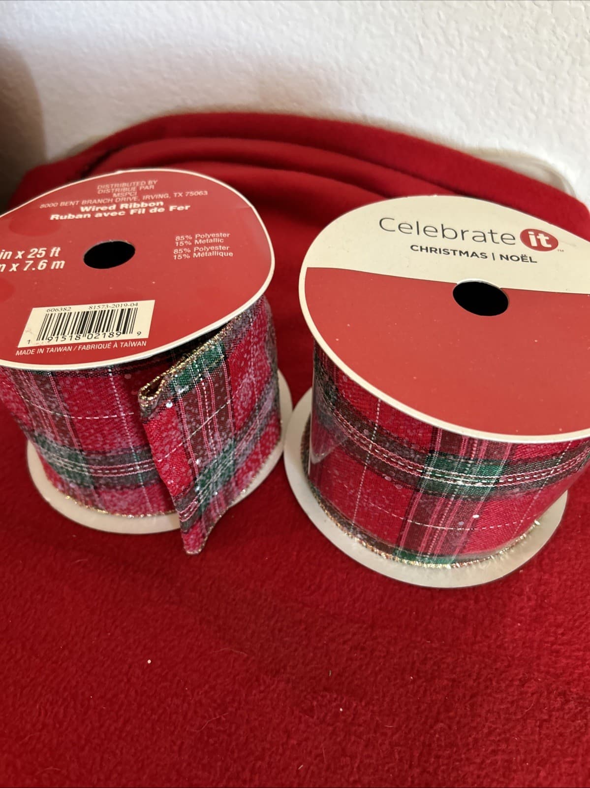 Christmas Wired Ribbon New 3 1/2 X 25 Ft Celebrate It Lot Of 2 - Thumbnail 2