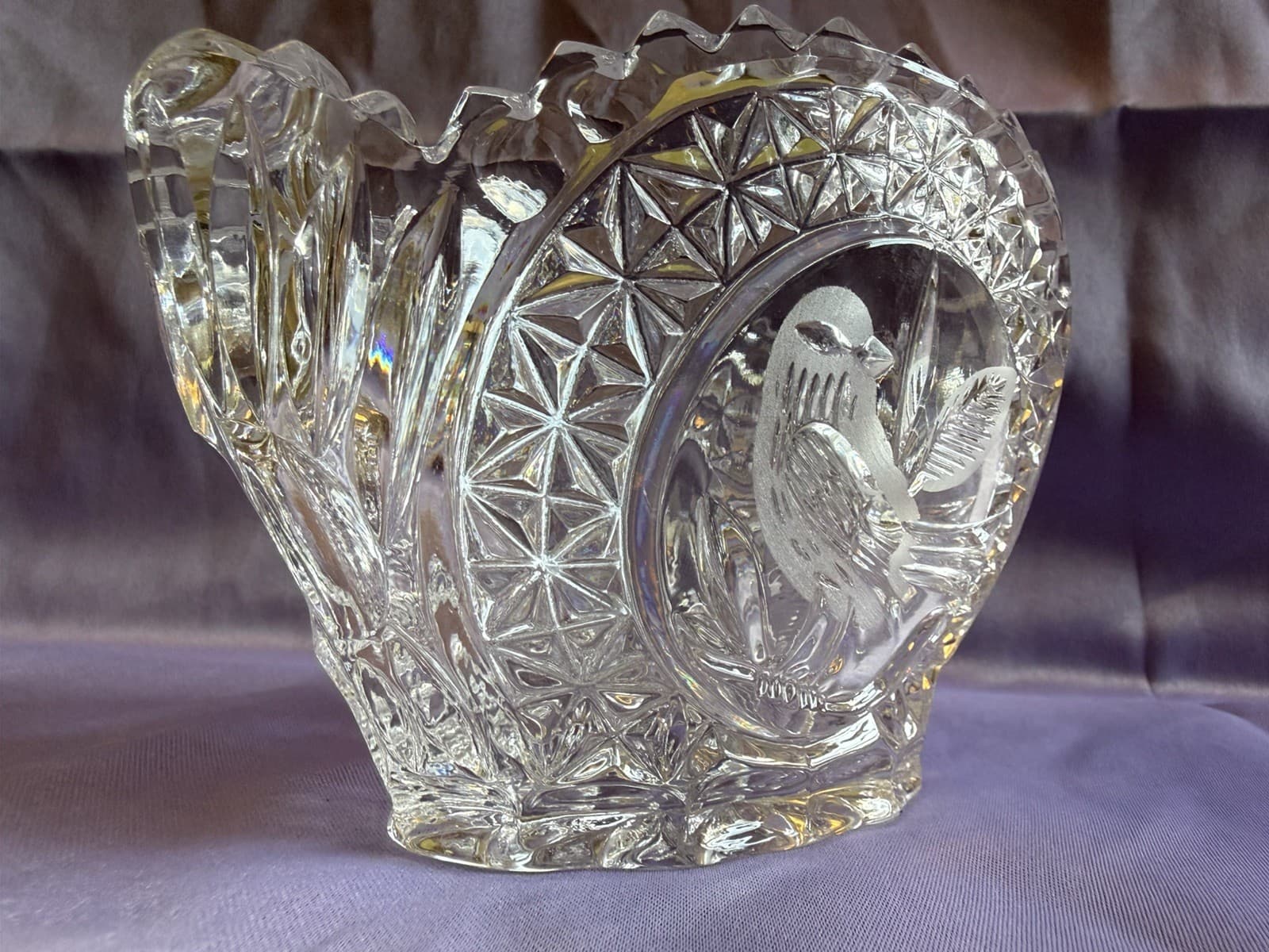 Vintage 8" Hofbauer The Byrdes Collection 1970s Footed Etched Lead Crystal Bowl - Thumbnail 2