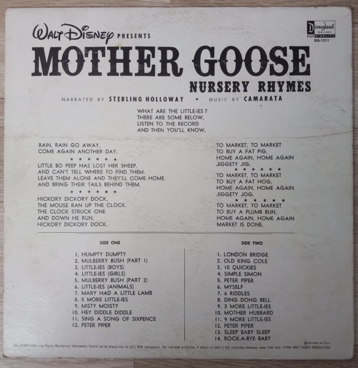 Mother Goose Nursery Rhymes Vinyl Record LP Sterling Holloway Disneyland Disney - Thumbnail 3