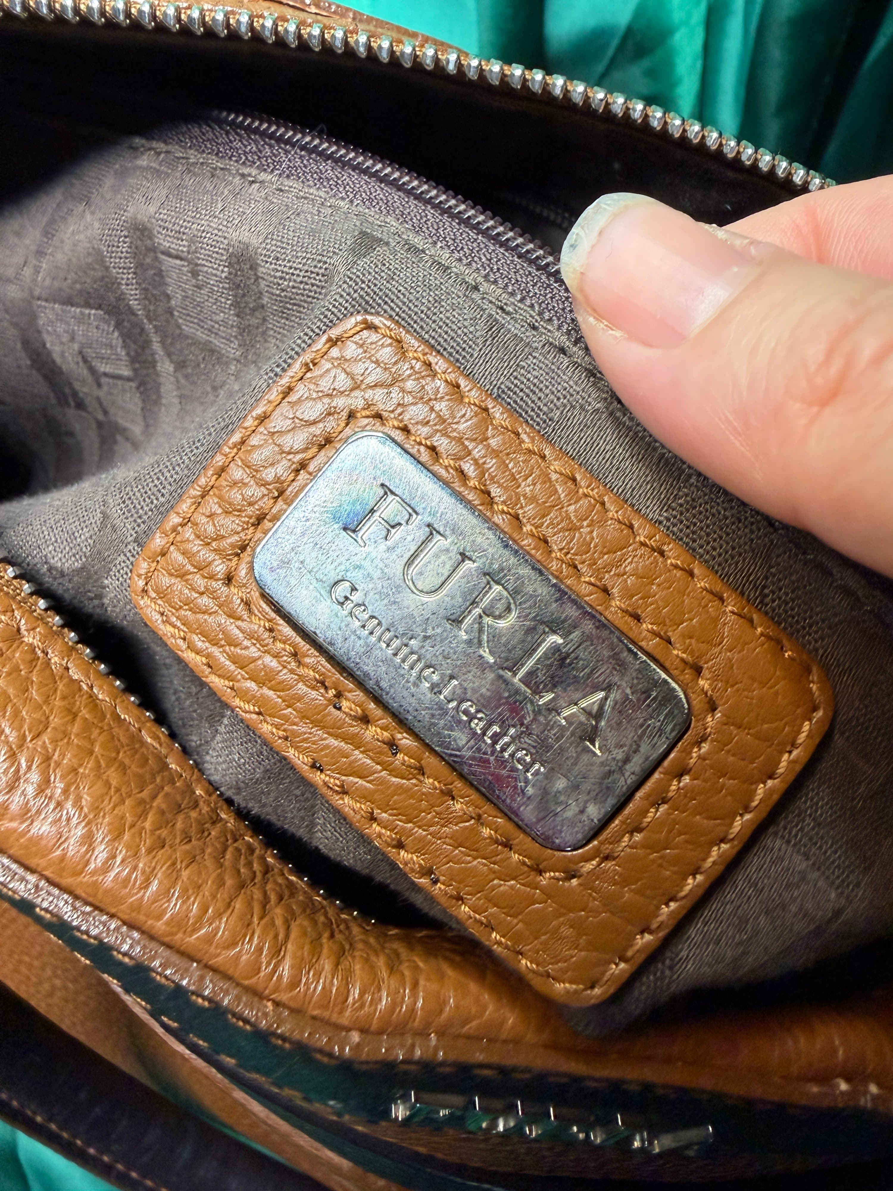 Vintage Y2K Furla Italian Pebbled Leather Colorblock Satchel Cognac & Espresso - Thumbnail 6