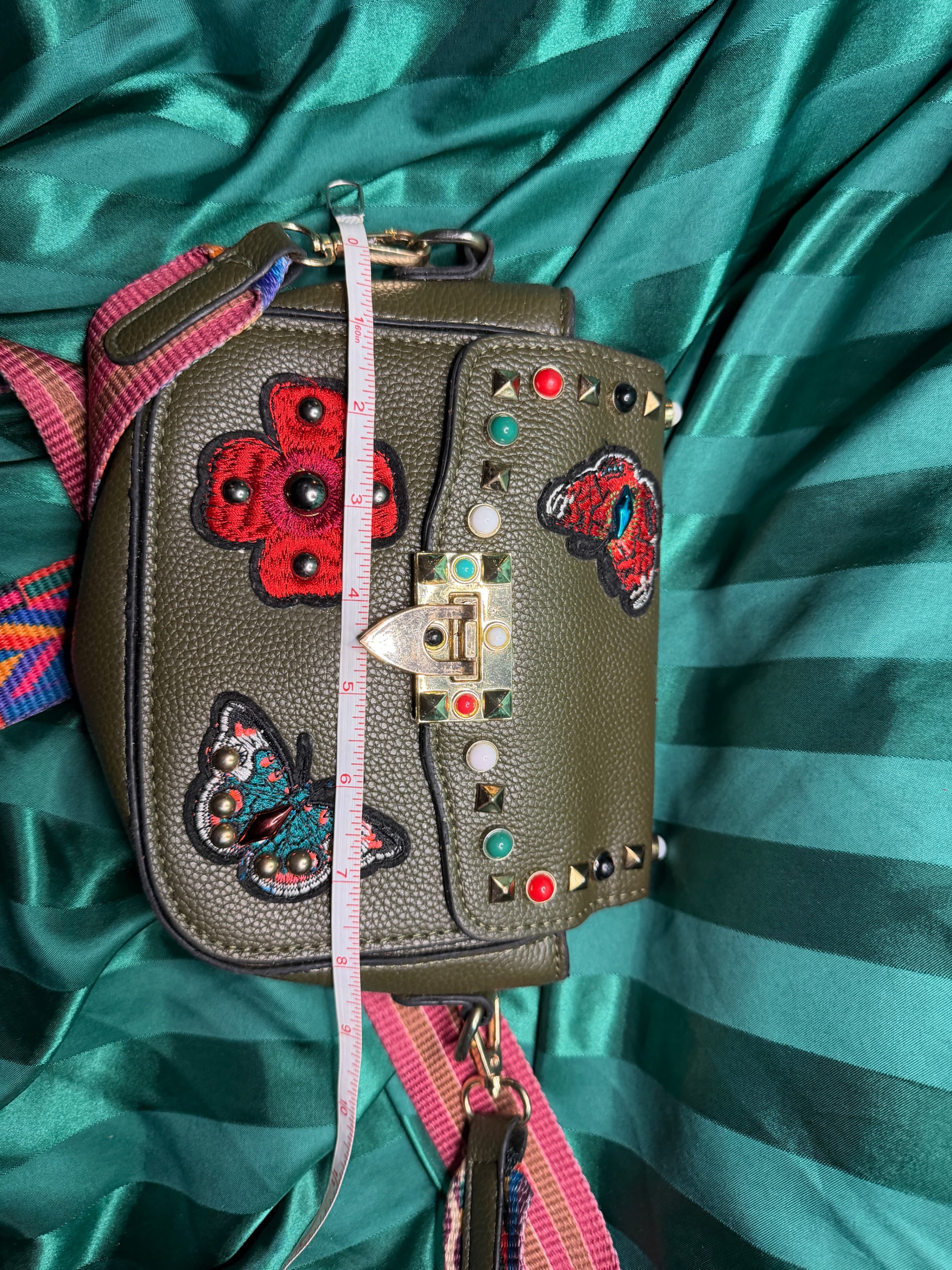 Y2K Boho Embroidered Butterfly Studded Crossbody Messenger Bag Olive Green - Thumbnail 7