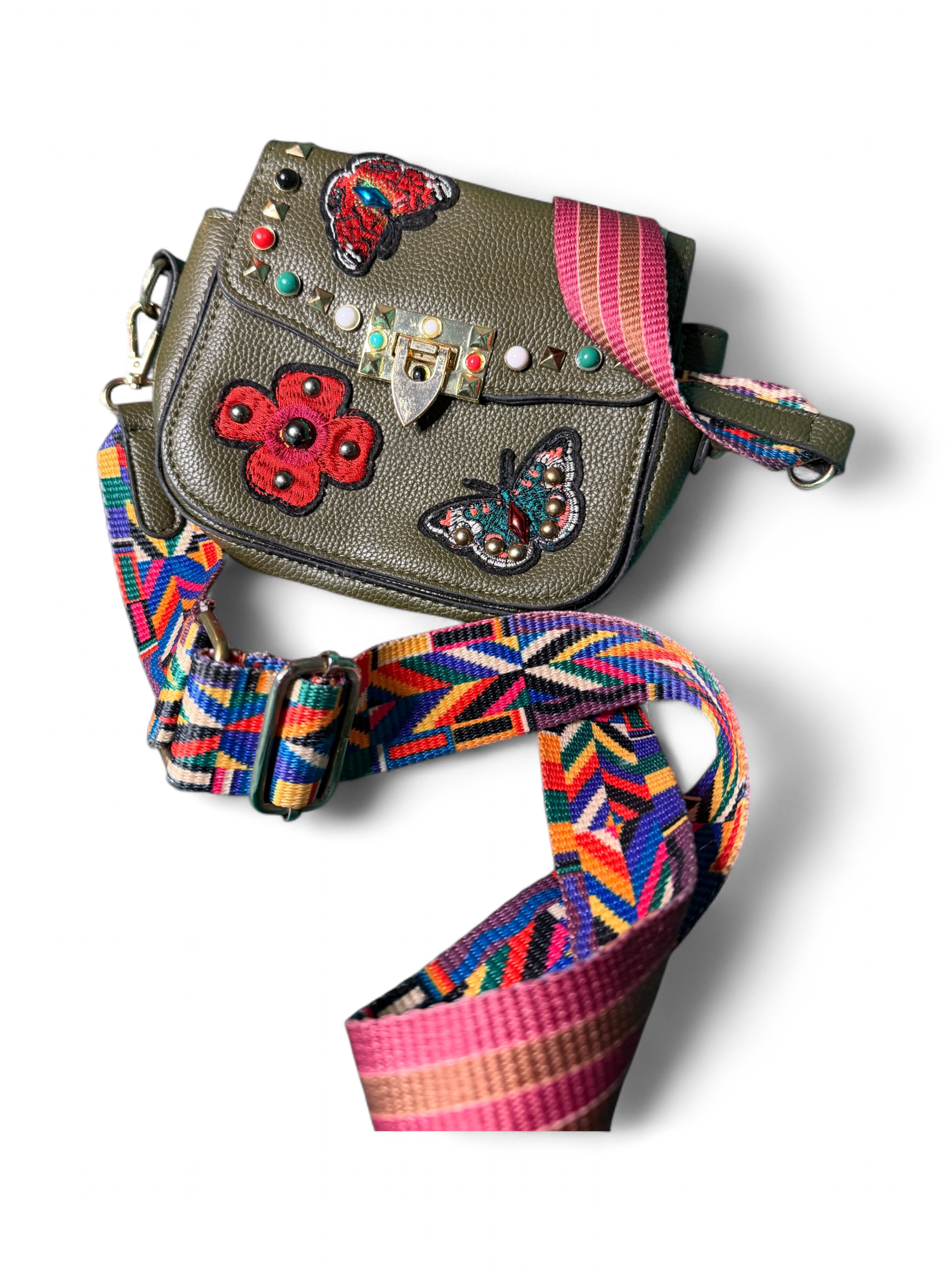 Y2K Boho Embroidered Butterfly Studded Crossbody Messenger Bag Olive Green