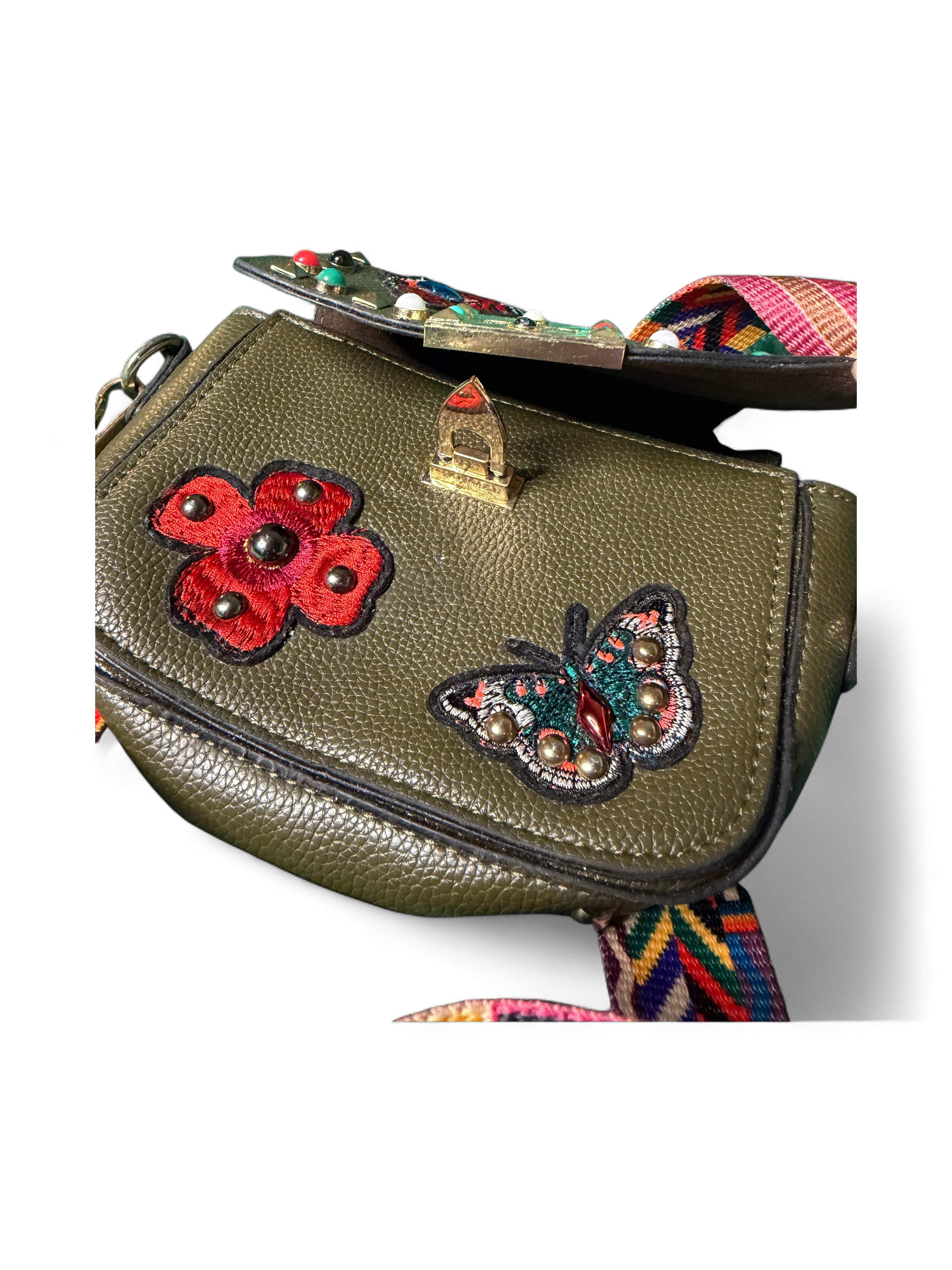 Y2K Boho Embroidered Butterfly Studded Crossbody Messenger Bag Olive Green - Thumbnail 2