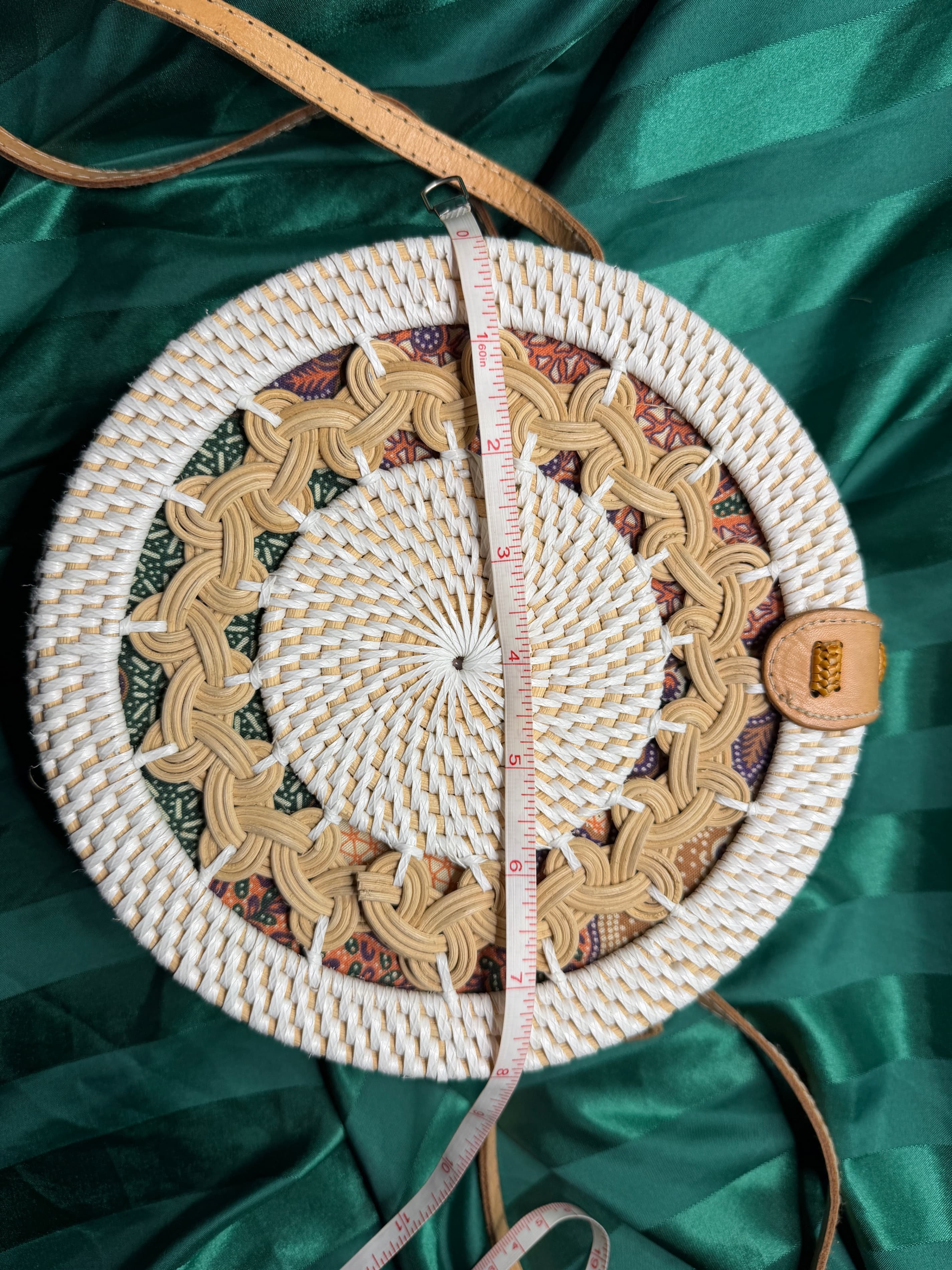 Authentic Bali Round Woven Rattan Crossbody Bag White Tan Batik Lined - Thumbnail 4