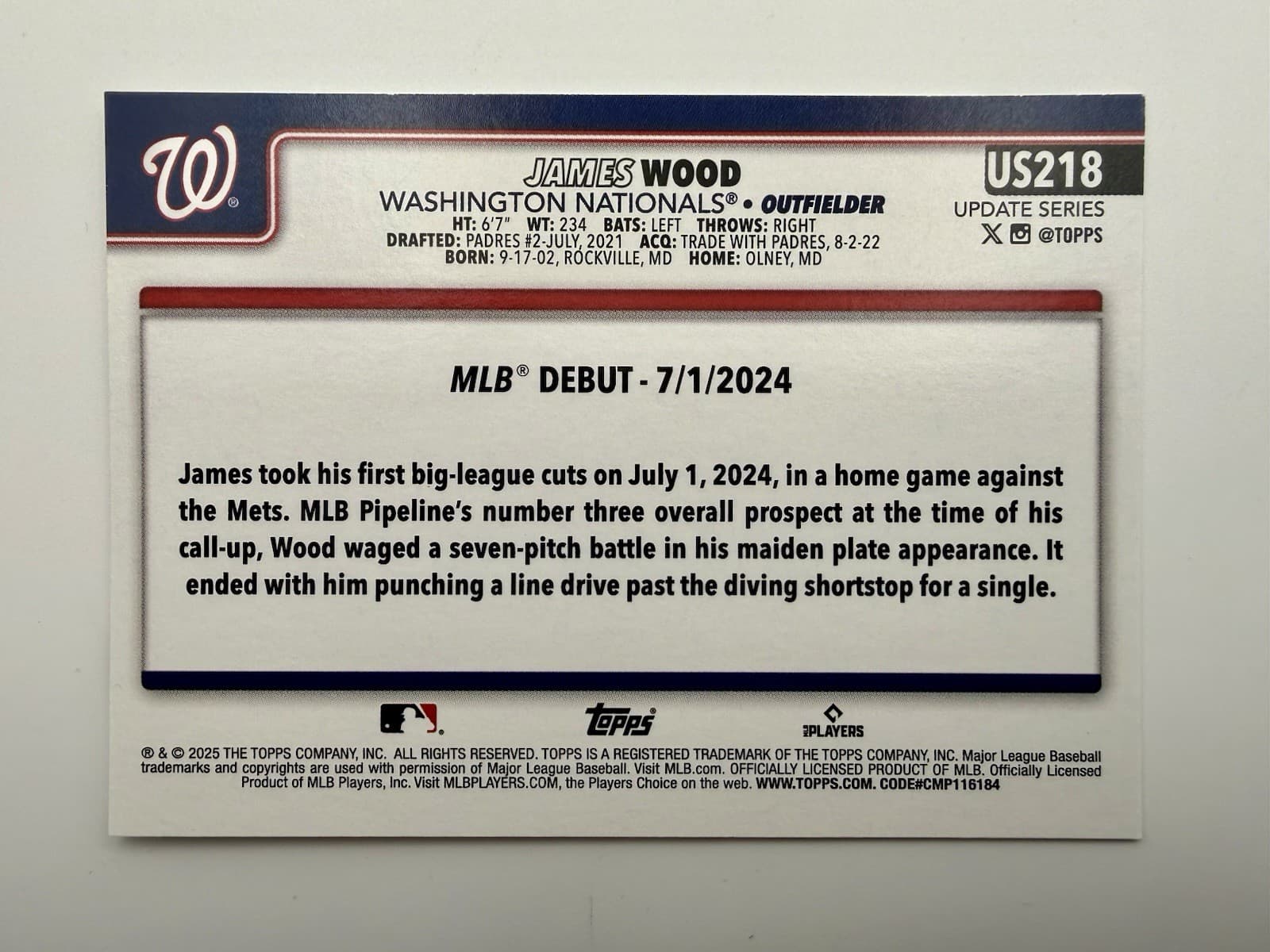 2025 Topps Update Series Rookie Debut James Wood #US218 Nationals - Thumbnail 2