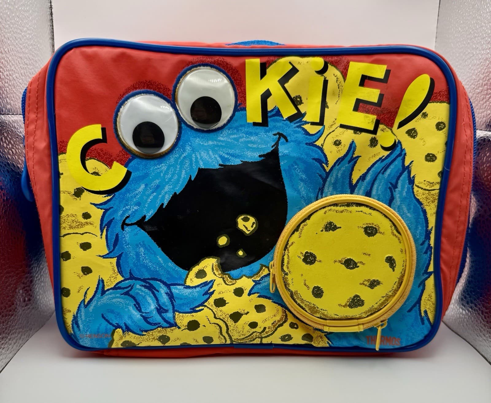 RARE Vintage Thermos Cookie Monster Lunch Bag - 3D Googly Eyes & Cookie Pouch