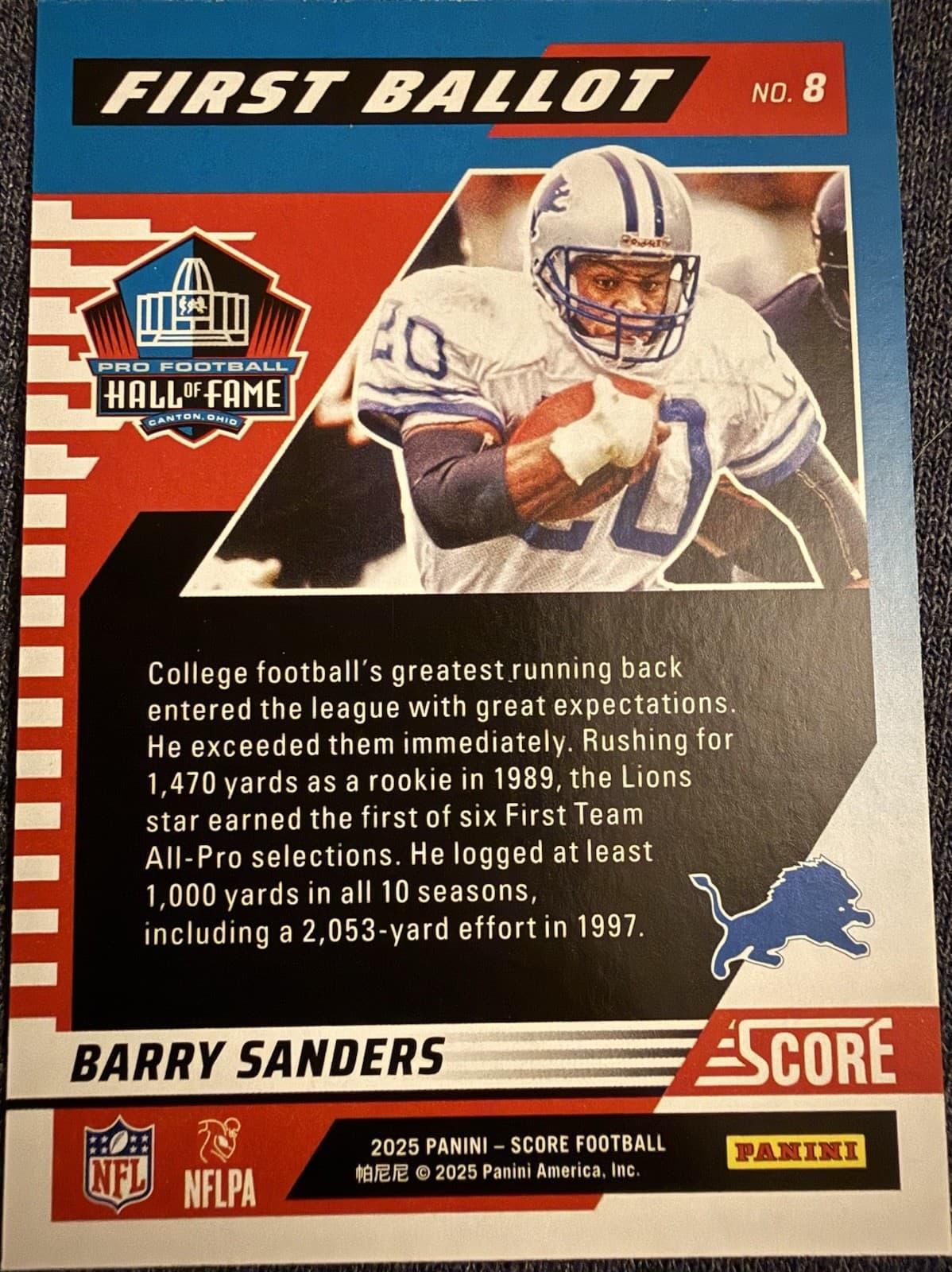 2025 Score Barry Sanders First Ballot #8 Detroit Lions HOF - Thumbnail 4
