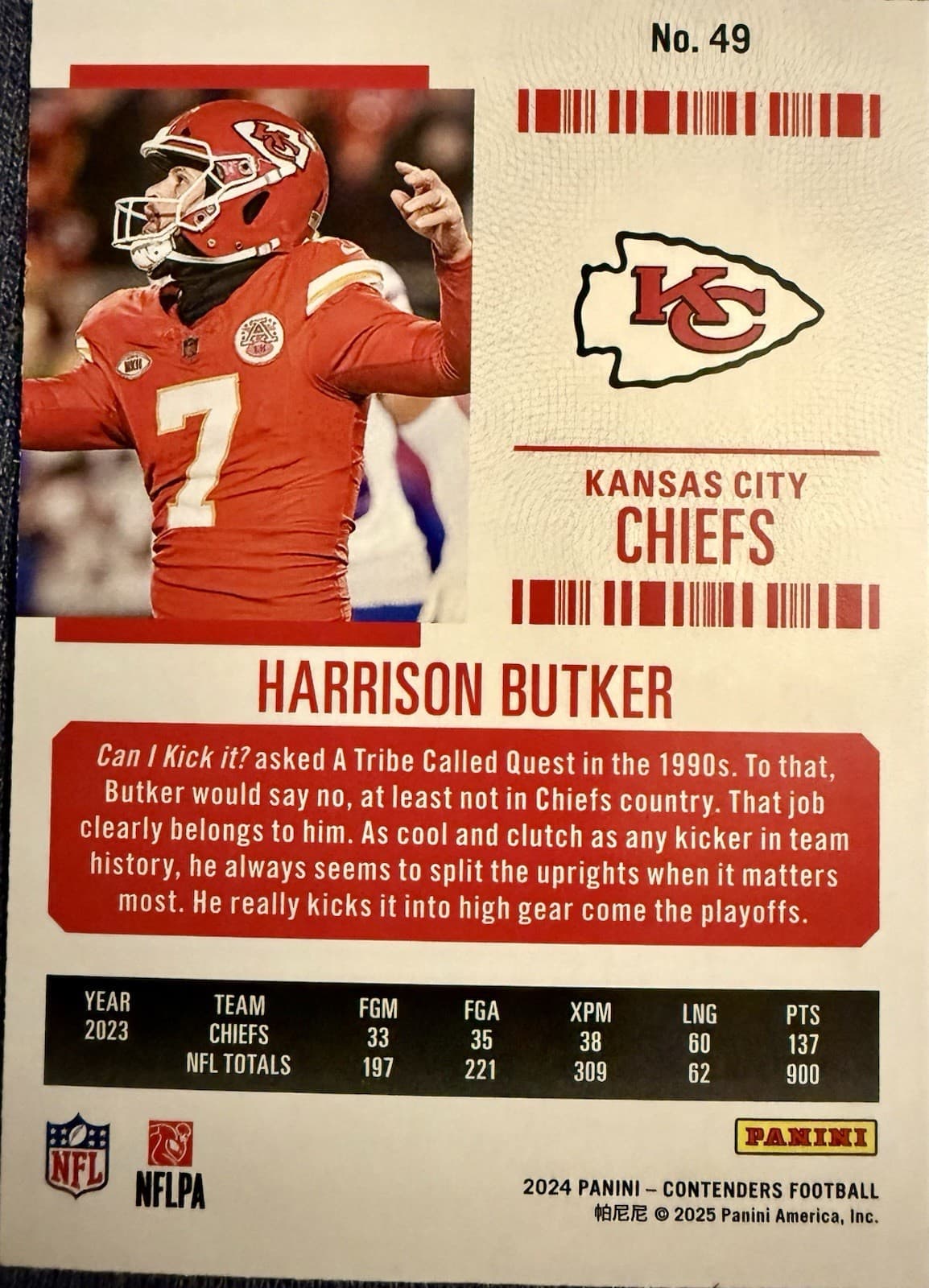 2024 Panini Contenders - Harrison Butker #49 Red Game Ticket - Thumbnail 4