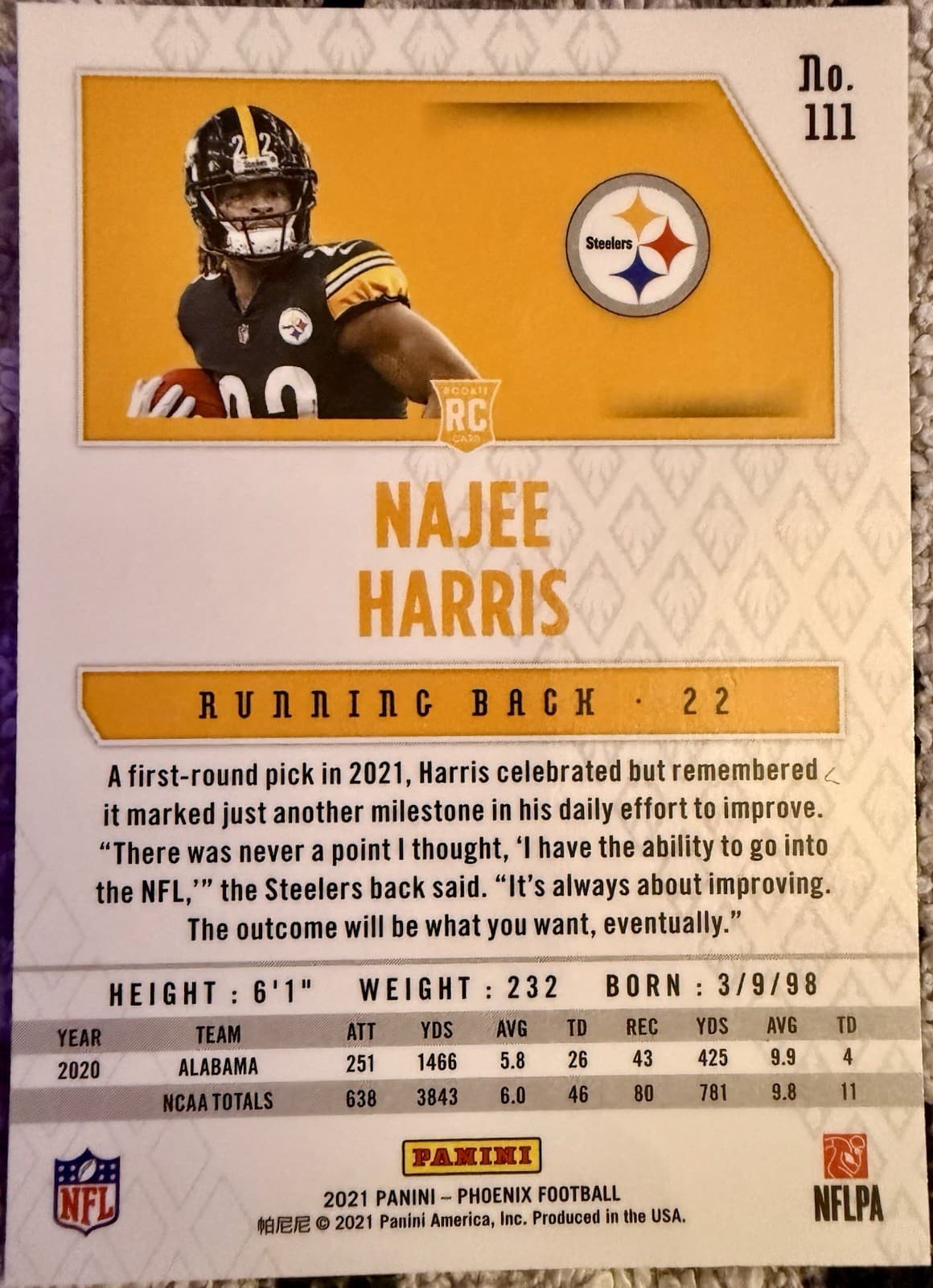 2021 Panini Phoenix - Rookie Najee Harris #111 Fire Burst (RC) - Thumbnail 2
