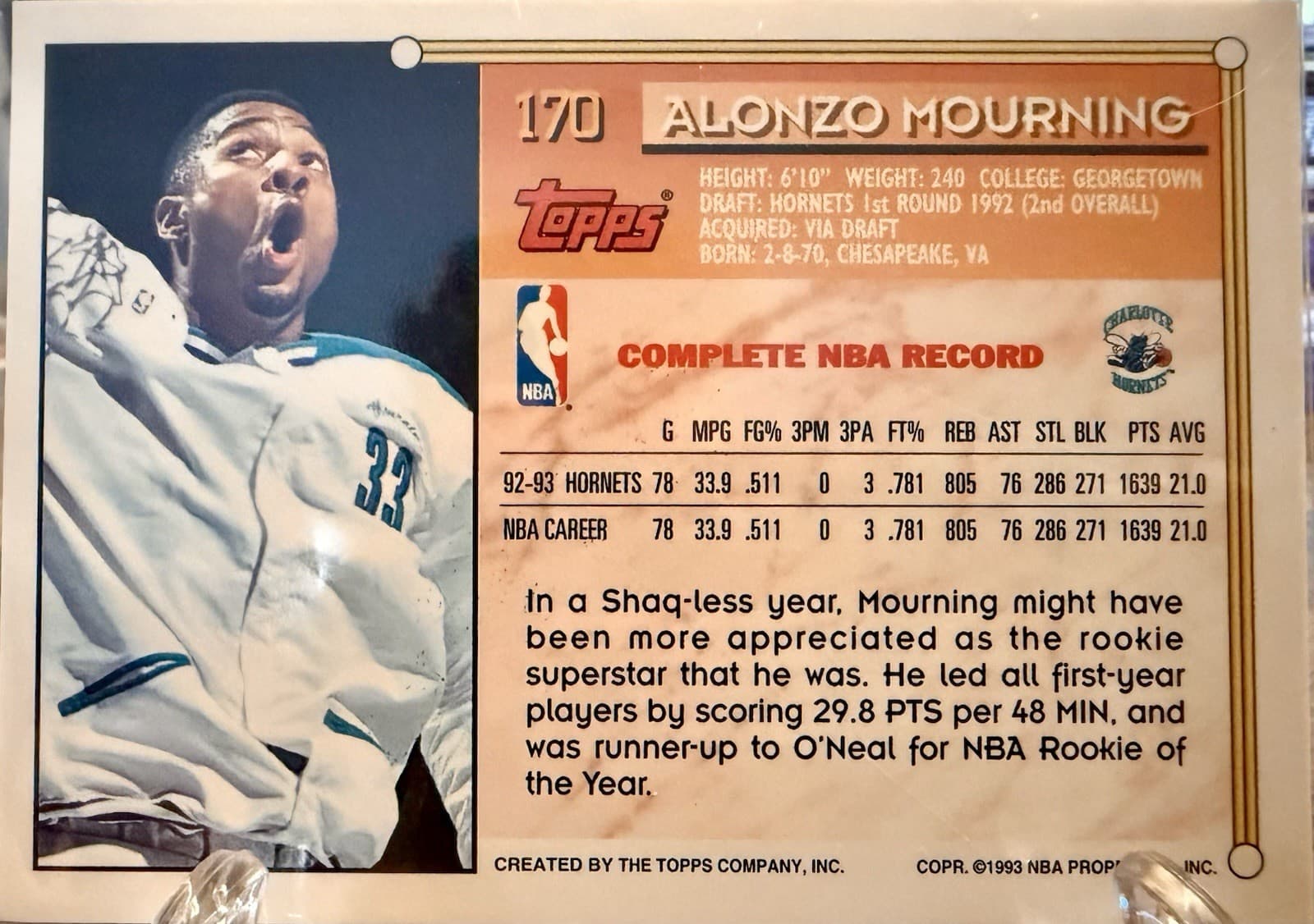 1993-94 Topps #170 Alonzo Mourning Gold Charlotte Hornets - Thumbnail 2