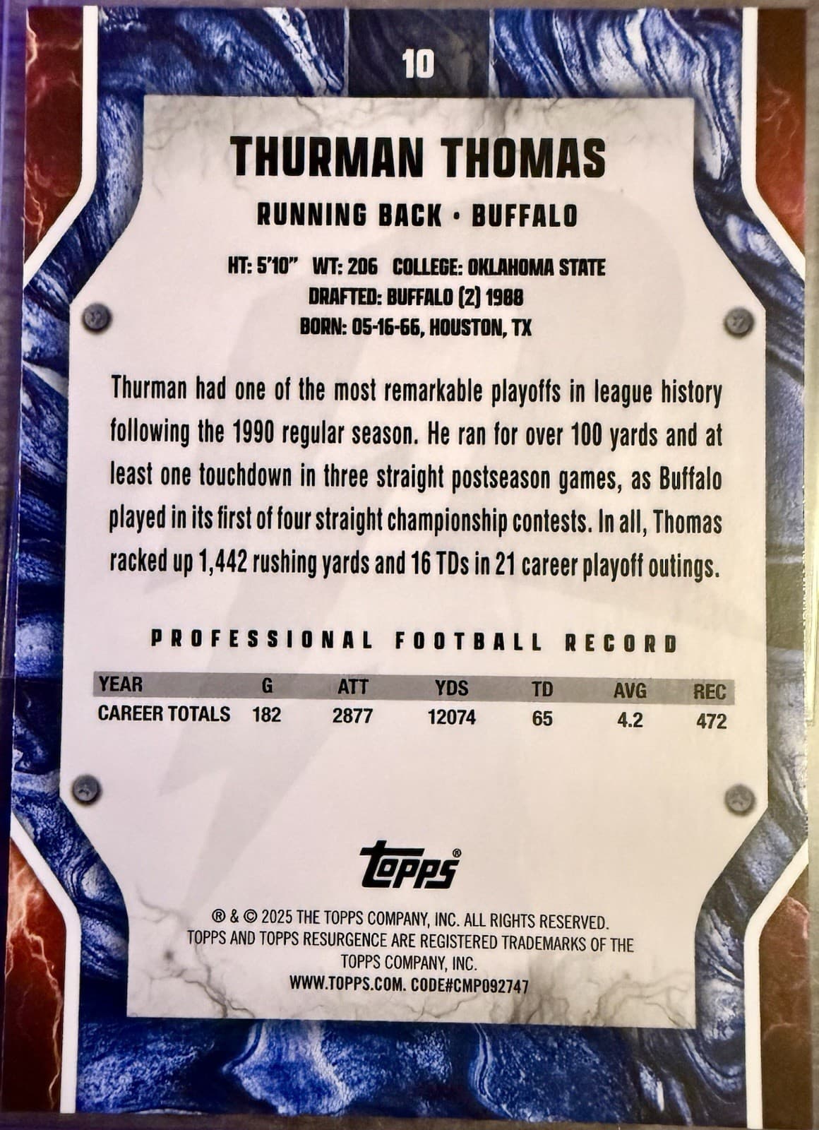 2024 Topps Resurgence - Thurman Thomas #10 Refractor - Thumbnail 2