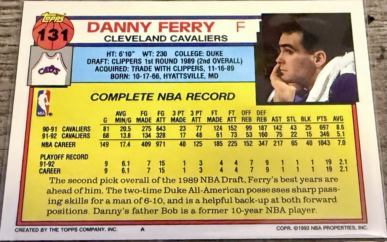 1992-93 Topps - Danny Ferry #131 - Thumbnail 2