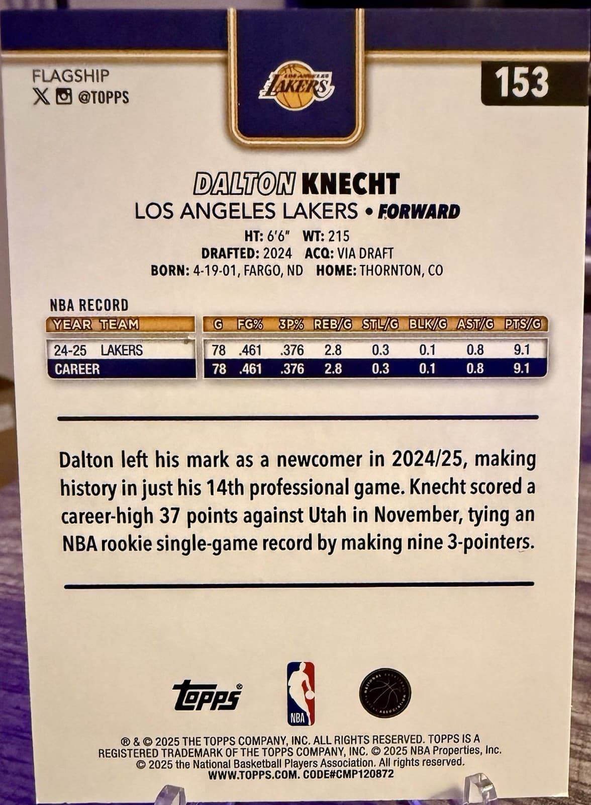 DALTON KNECHT LA LAKERS 2025-26 TOPPS FLAGSHIP BASKETBALL CARD NUMBER 153 - Thumbnail 2