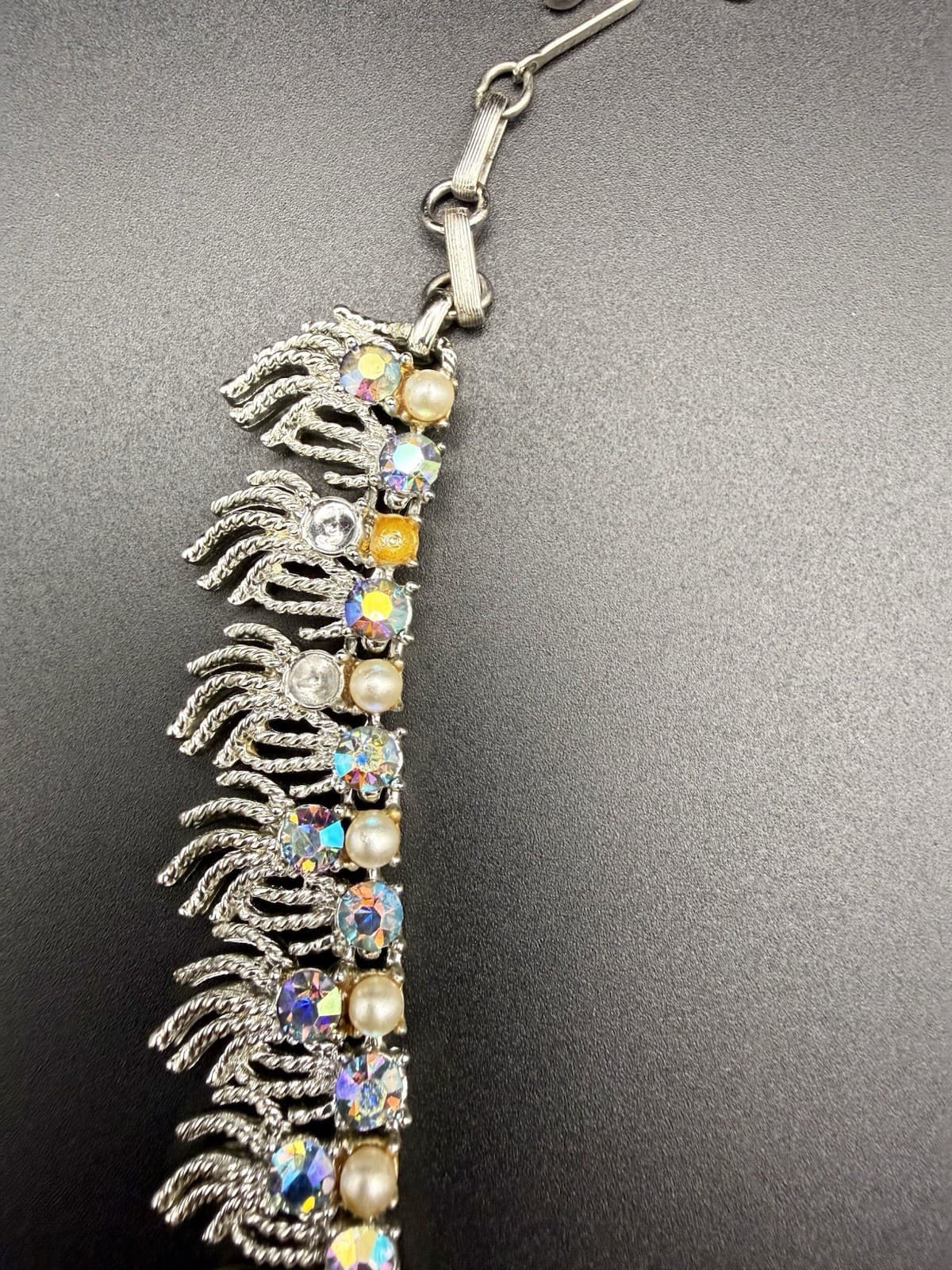 Vintage Rhinestone Fringe Necklace Coro AB Crystal Faux Pearl Bib - Thumbnail 3